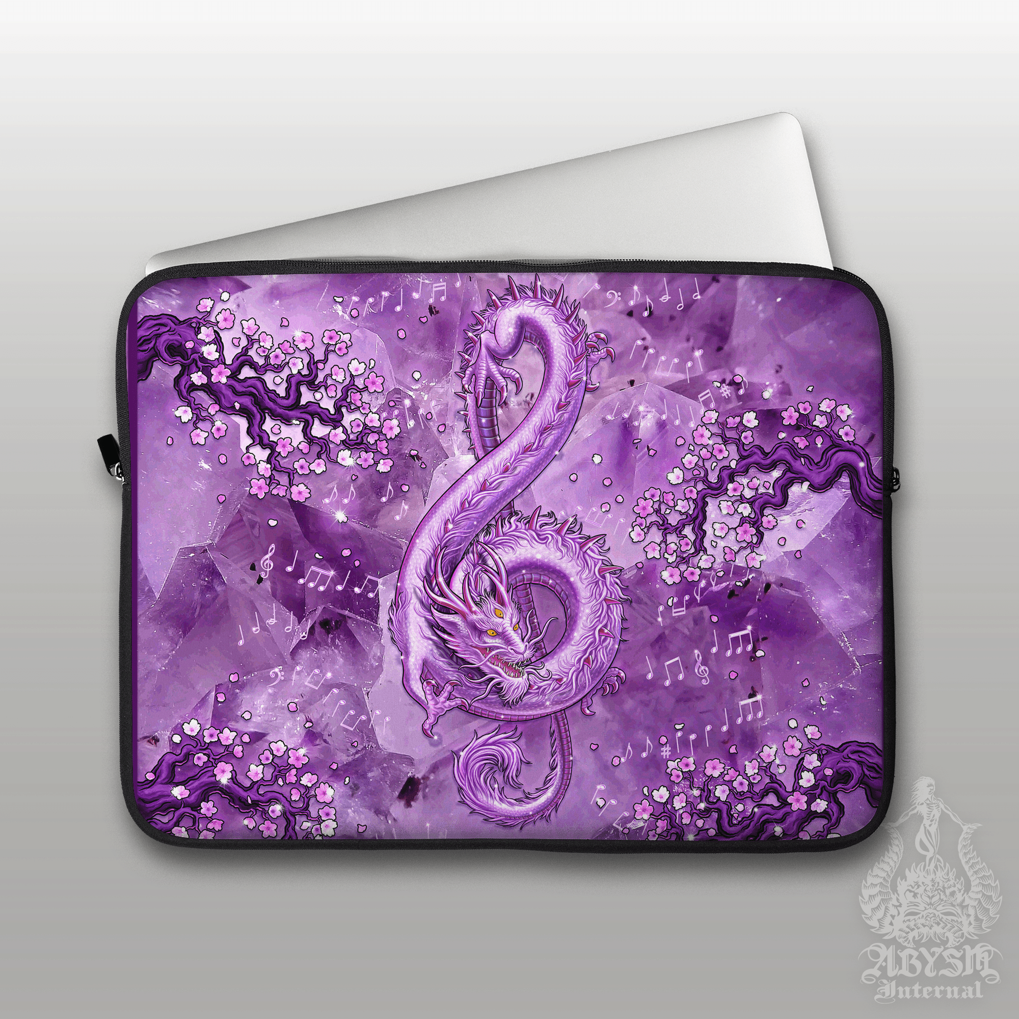 Music Laptop Case – Gemstone Asian Dragon, Treble Clef, 13" & 15", Fantasy Art, Printed Padded Soft Sleeve - 8 Colors - Abysm Internal