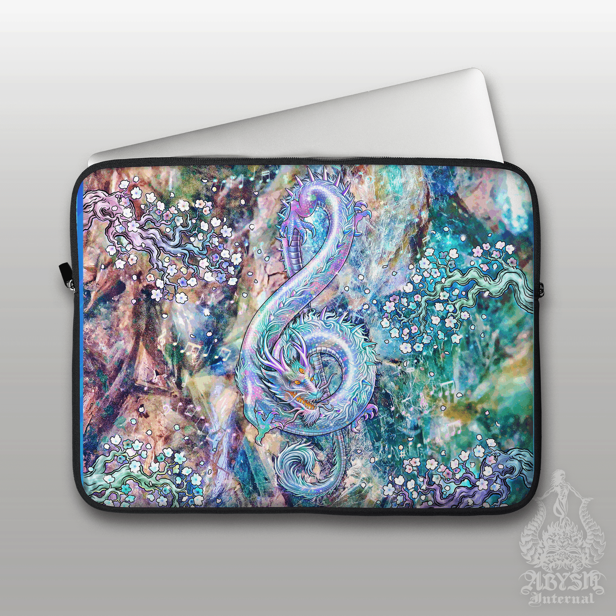 Music Laptop Case – Gemstone Asian Dragon, Treble Clef, 13" & 15", Fantasy Art, Printed Padded Soft Sleeve - 8 Colors - Abysm Internal