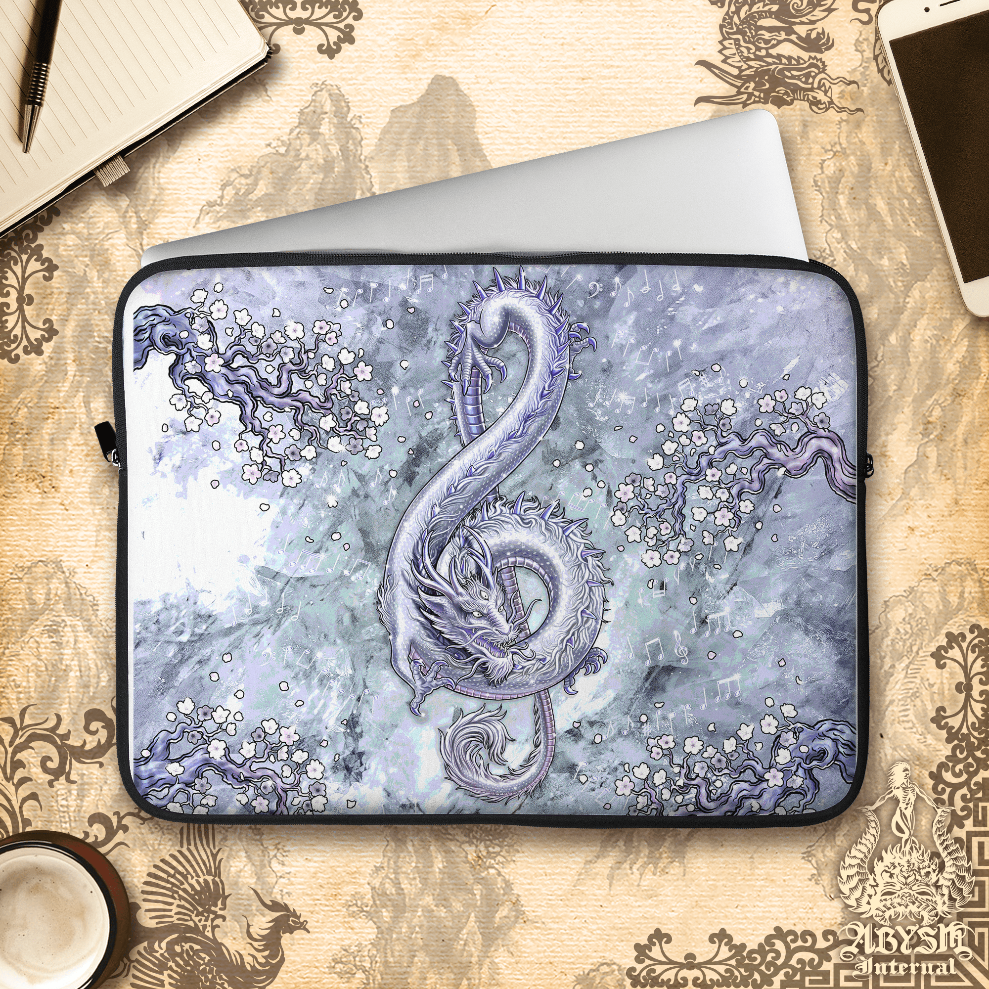 Music Laptop Case – Gemstone Asian Dragon, Treble Clef, 13" & 15", Fantasy Art, Printed Padded Soft Sleeve - 8 Colors - Abysm Internal