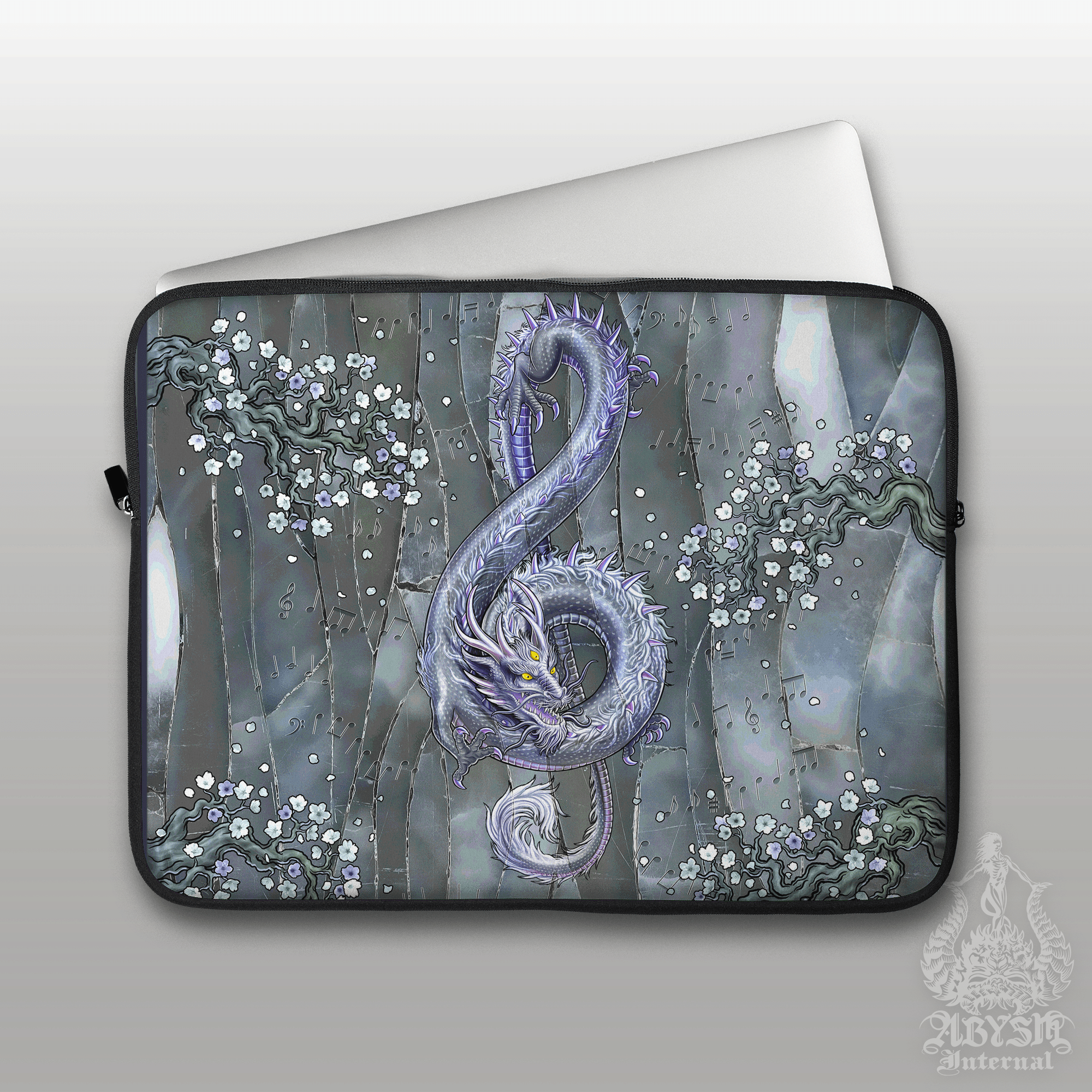 Music Laptop Case – Gemstone Asian Dragon, Treble Clef, 13" & 15", Fantasy Art, Printed Padded Soft Sleeve - 8 Colors - Abysm Internal