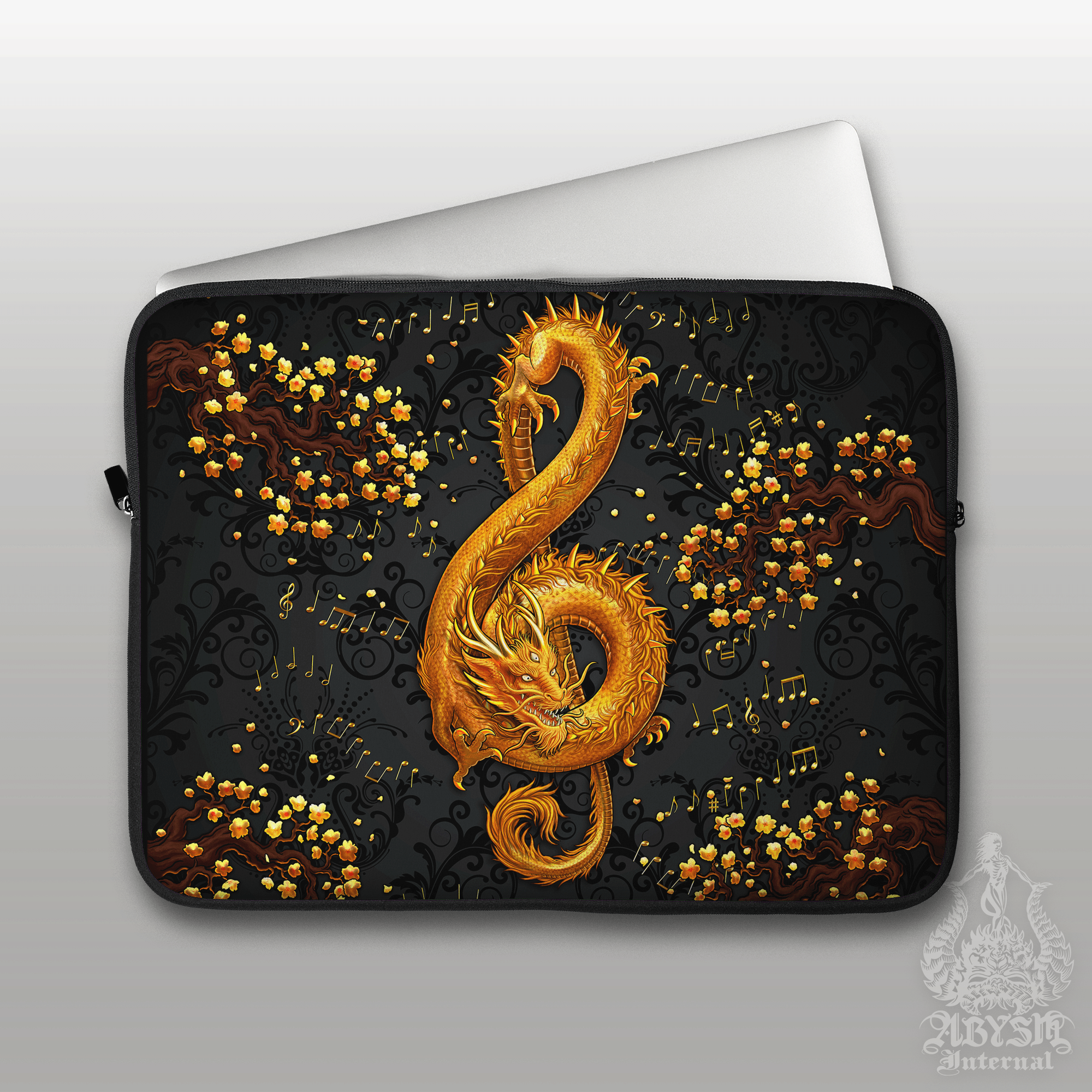 Music Laptop Case – Gold Asian Dragon, Treble Clef, 13" & 15", Fantasy Art, Printed Padded Soft Sleeve - 2 Colors - Abysm Internal
