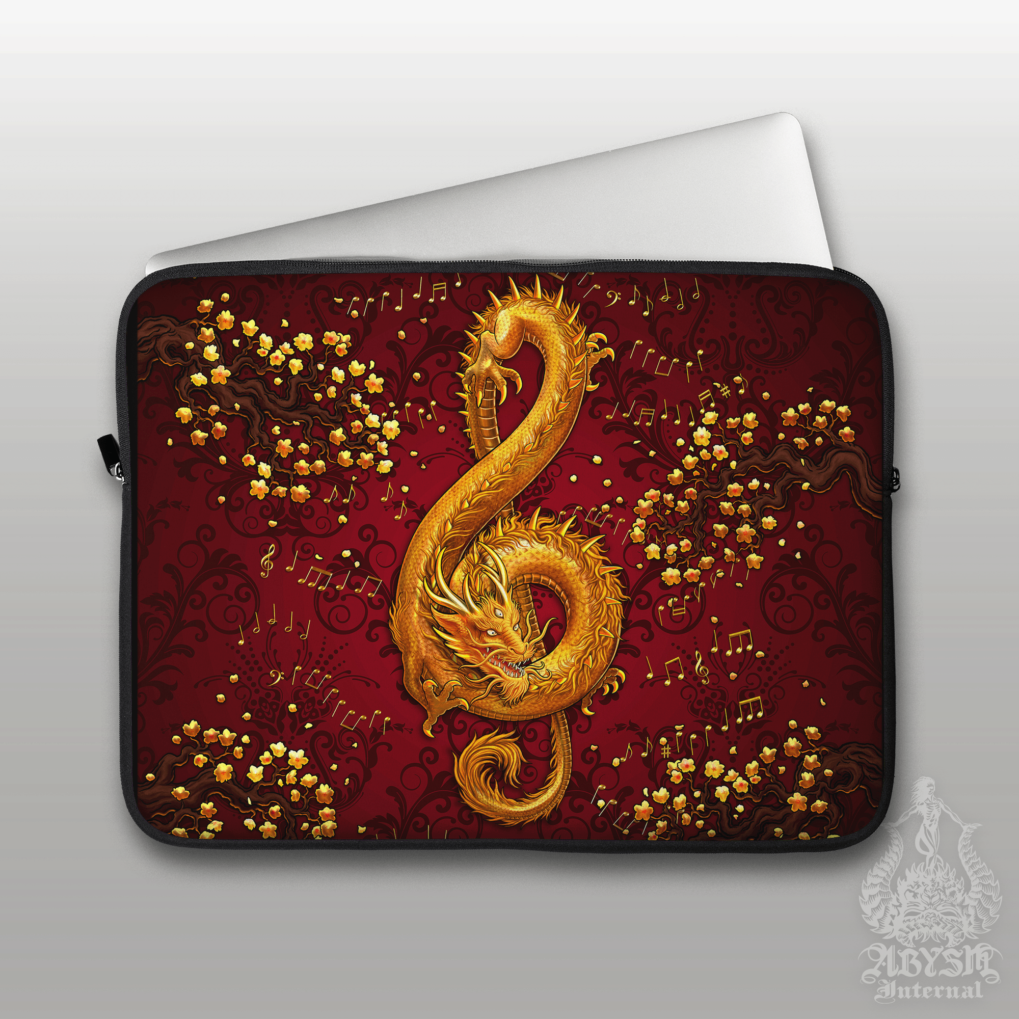 Music Laptop Case – Gold Asian Dragon, Treble Clef, 13" & 15", Fantasy Art, Printed Padded Soft Sleeve - 2 Colors - Abysm Internal