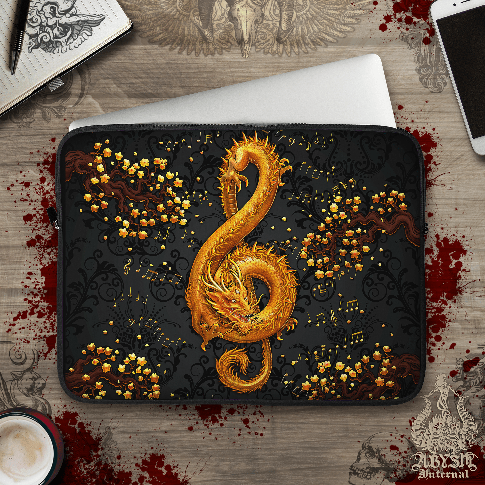 Music Laptop Case – Gold Asian Dragon, Treble Clef, 13" & 15", Fantasy Art, Printed Padded Soft Sleeve - 2 Colors - Abysm Internal