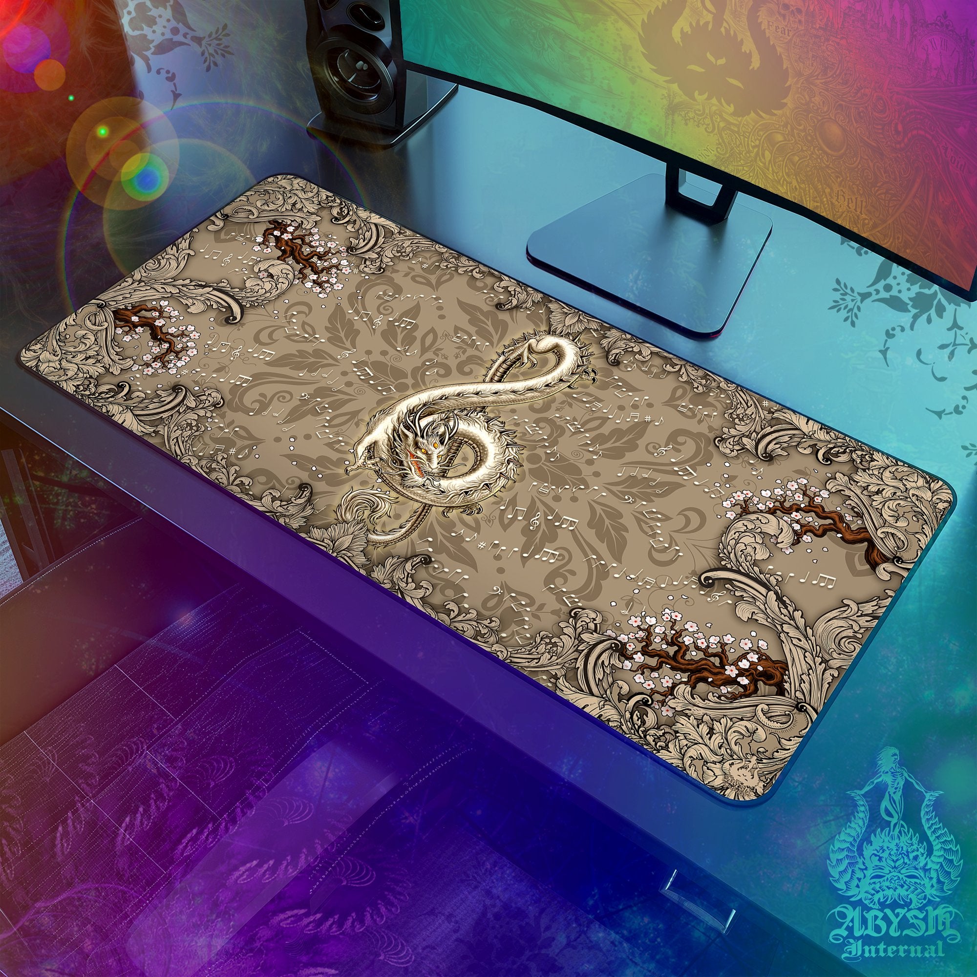 Music Workpad, Dragon Desk Mat, Asian Gaming Mouse Pad, Fantasy Table Protector Cover, Treble Clef Art Print - Cream, Violin, 2 Options - Abysm Internal
