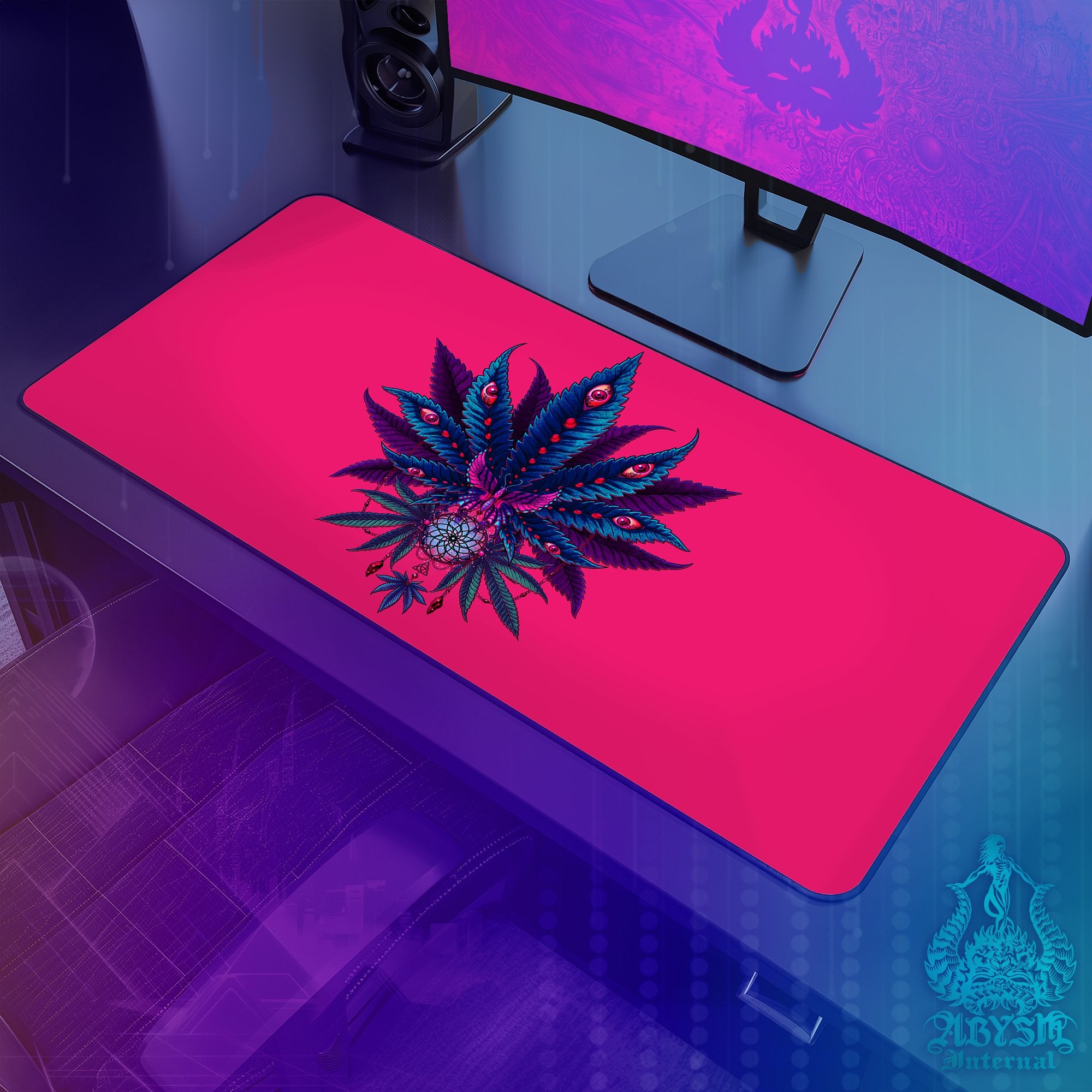 Neon Weed Gaming Desk Mat, Cannabis Mouse Pad, 420 Table Protector Cover, Marijuana Workpad, Art Print - Pink and Green, 2 Colors - Abysm Internal