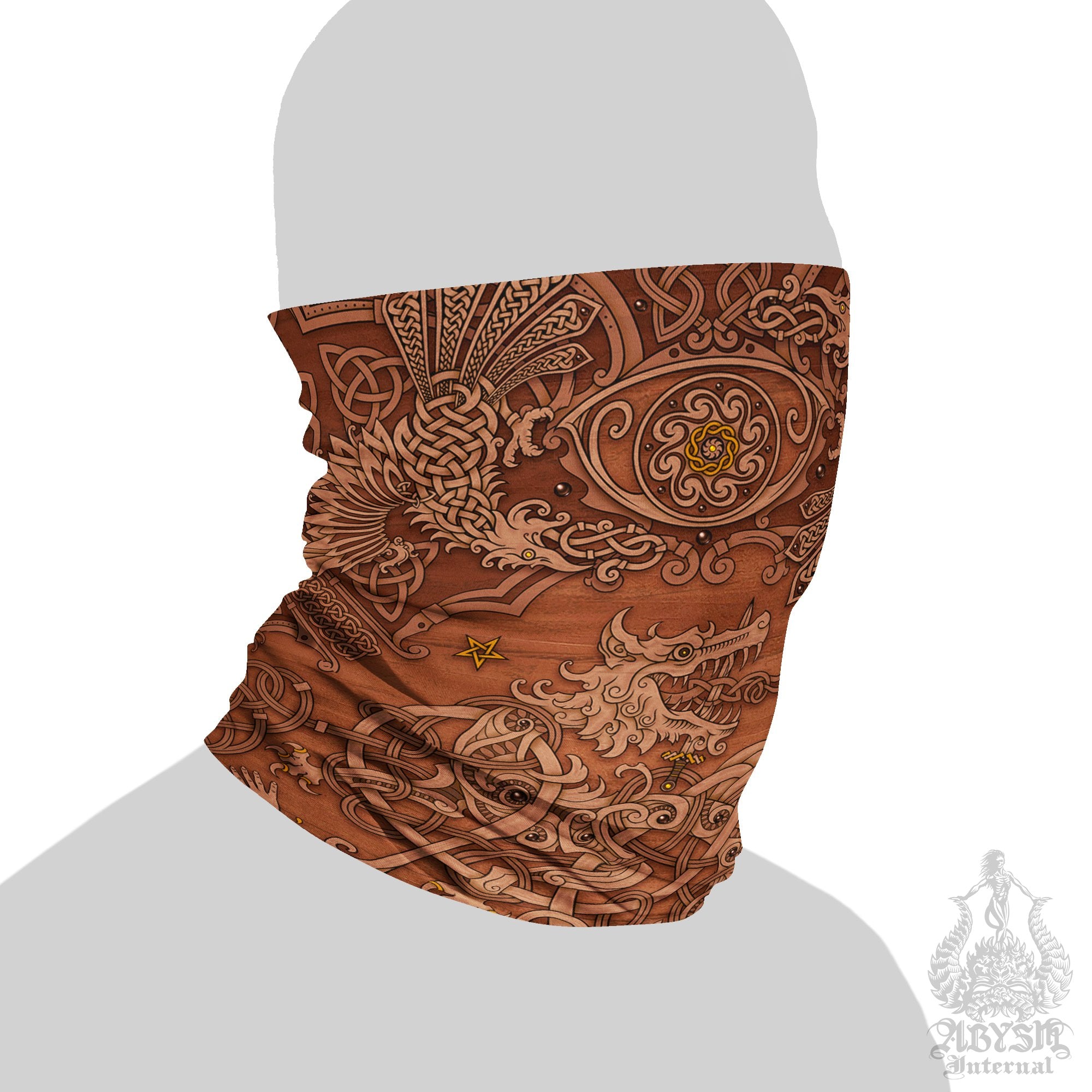 Nordic Art Neck Gaiter, Viking Face Mask, Fenrir Printed Head Covering, Norse Wolf - Wood - Abysm Internal
