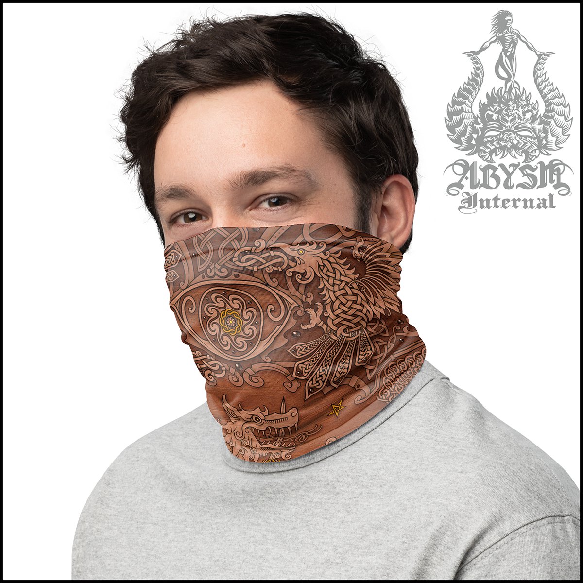 Nordic Art Neck Gaiter, Viking Face Mask, Fenrir Printed Head Covering, Norse Wolf - Wood - Abysm Internal