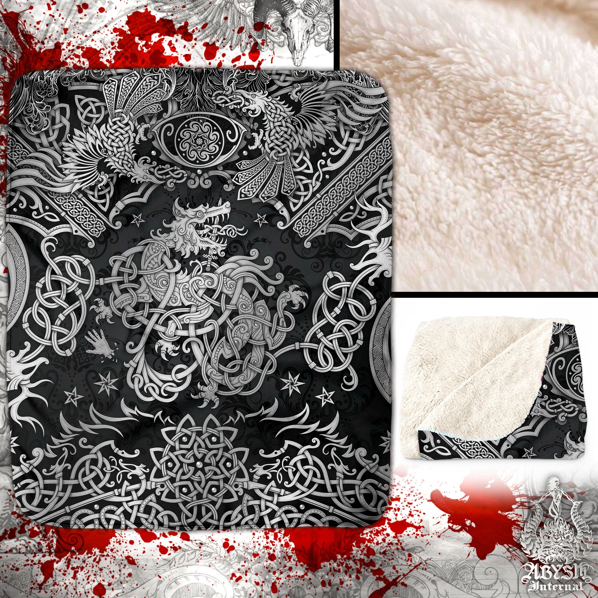 Nordic Art Sherpa Fleece Throw Blanket, Viking Mythology Decor, Norse Wolf, Fenrir Art Gift - Dark - Abysm Internal