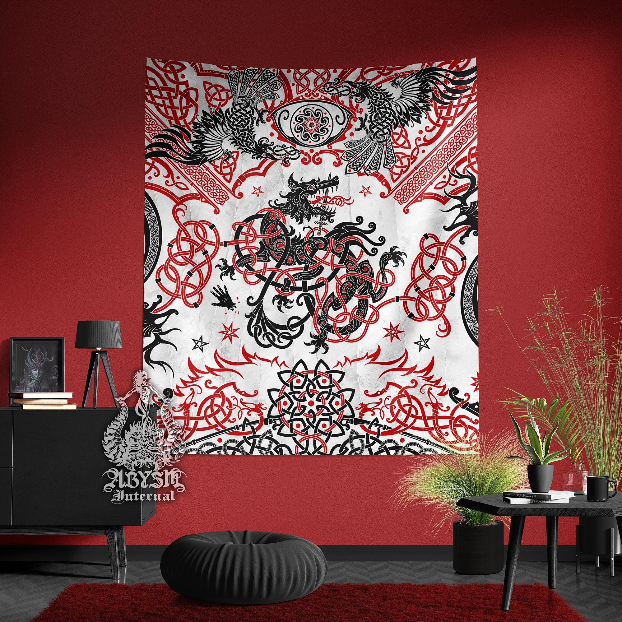 Nordic Art Tapestry, Norse Mythology Wall Hanging, Viking Home Decor, Fenrir Wolf, Vertical Print - Black Red White - Abysm Internal