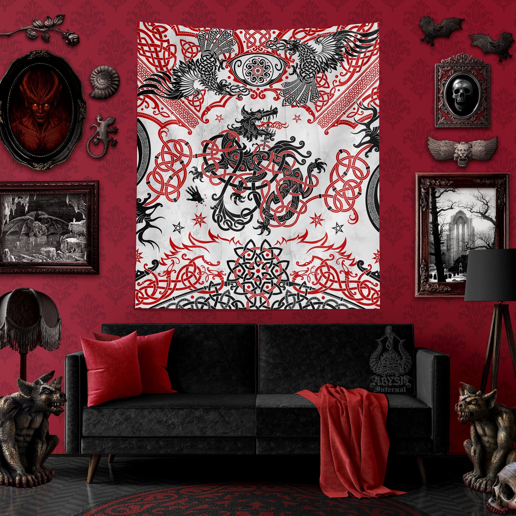 Nordic Art Tapestry, Norse Mythology Wall Hanging, Viking Home Decor, Fenrir Wolf, Vertical Print - Black Red White - Abysm Internal