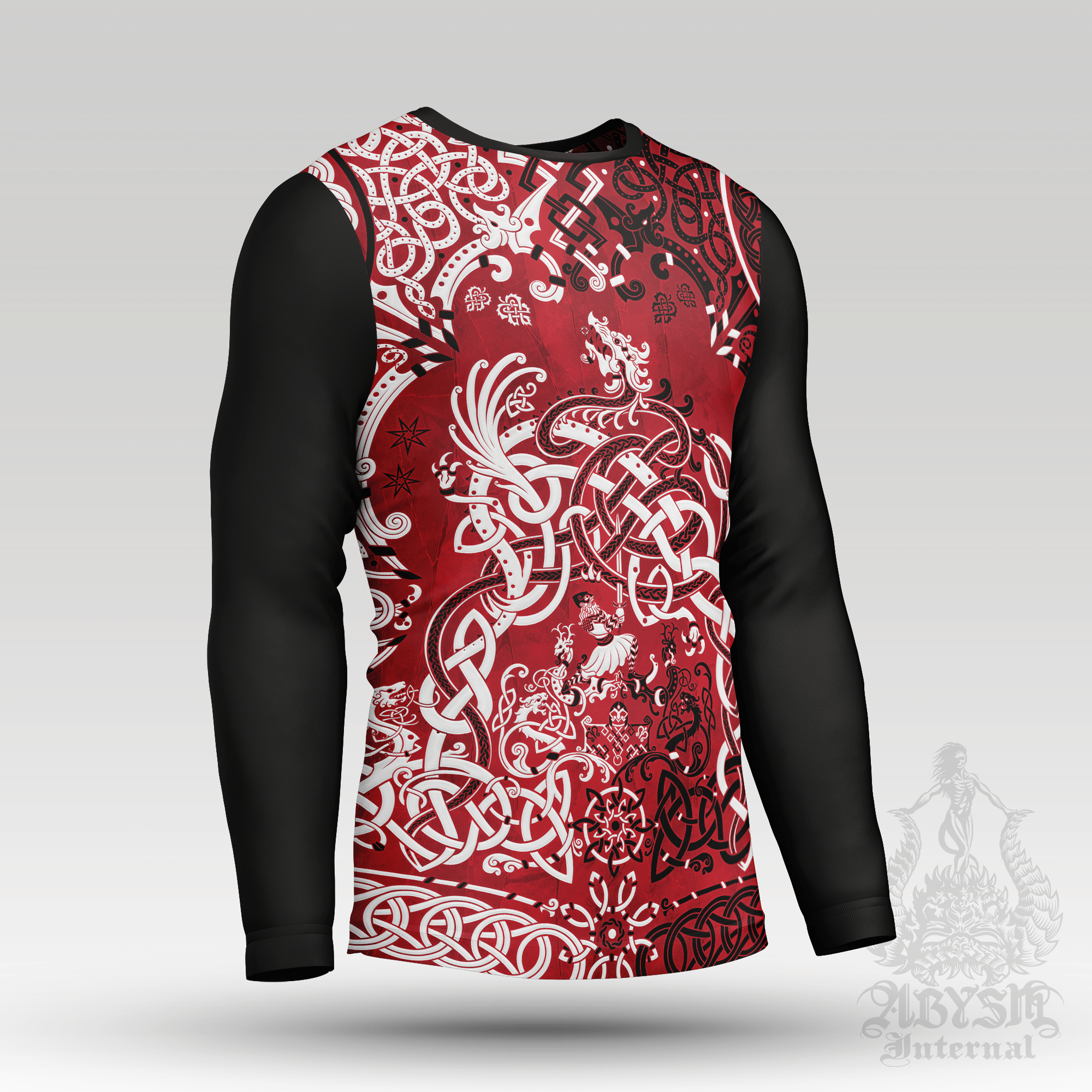 Nordic Dragon Rash Guard - Red Viking Long Sleeve Surf Shirt, Bloody Norse Sports Top | Fafnir, Knotwork Pattern Art UV Protection Activewear for Men and Women - Abysm Internal