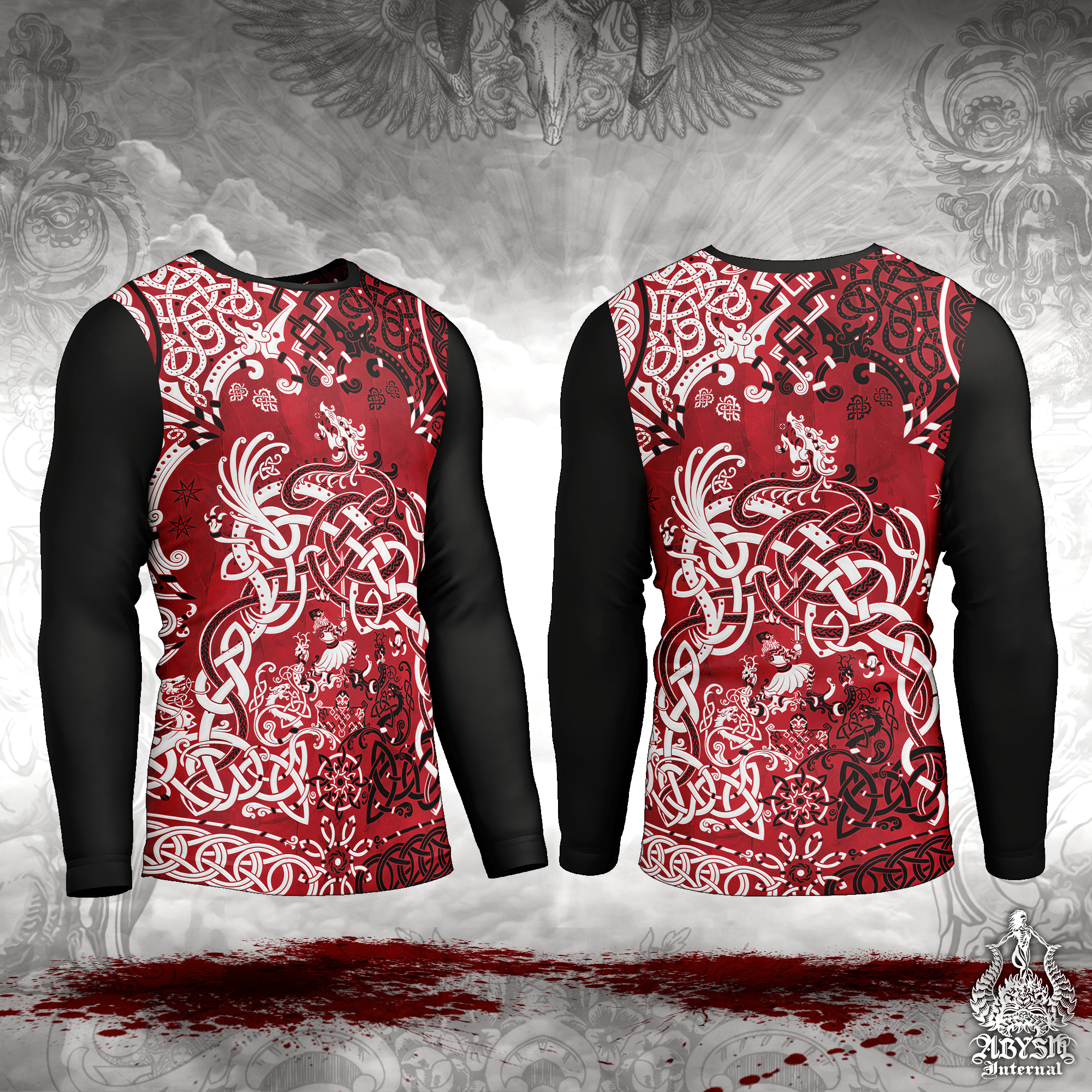 Nordic Dragon Rash Guard - Red Viking Long Sleeve Surf Shirt, Bloody Norse Sports Top | Fafnir, Knotwork Pattern Art UV Protection Activewear for Men and Women - Abysm Internal