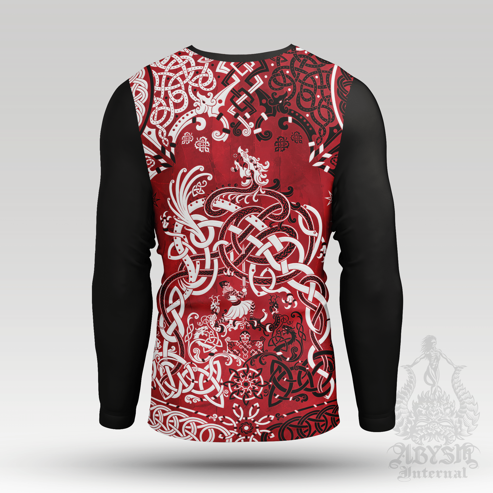Nordic Dragon Rash Guard - Red Viking Long Sleeve Surf Shirt, Bloody Norse Sports Top | Fafnir, Knotwork Pattern Art UV Protection Activewear for Men and Women - Abysm Internal