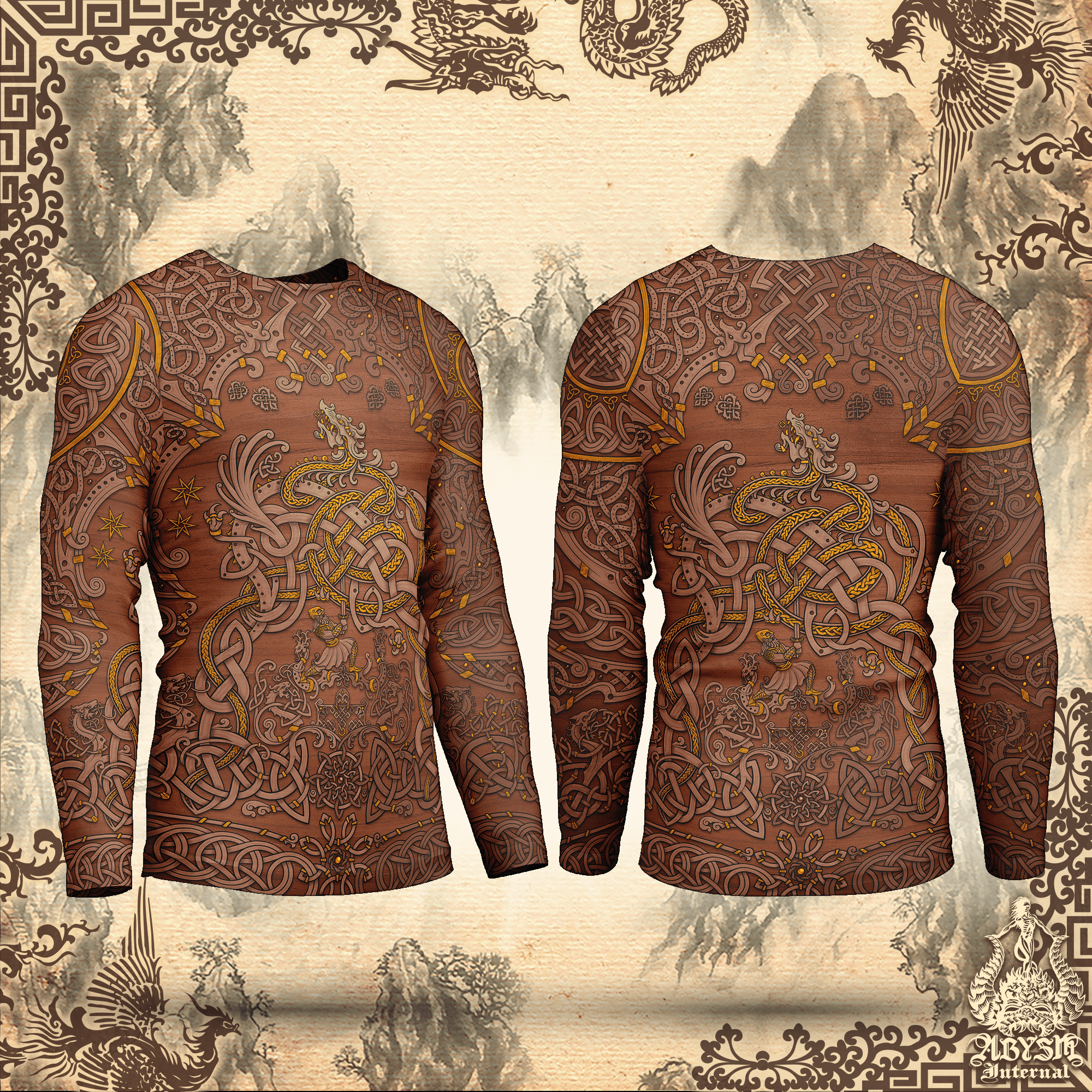 Nordic Dragon Rash Guard - Viking Long Sleeve Surf Shirt, Norse Sports Top | Fafnir, Knotwork Pattern Art UV Protection Activewear for Men and Women, Wood - Abysm Internal