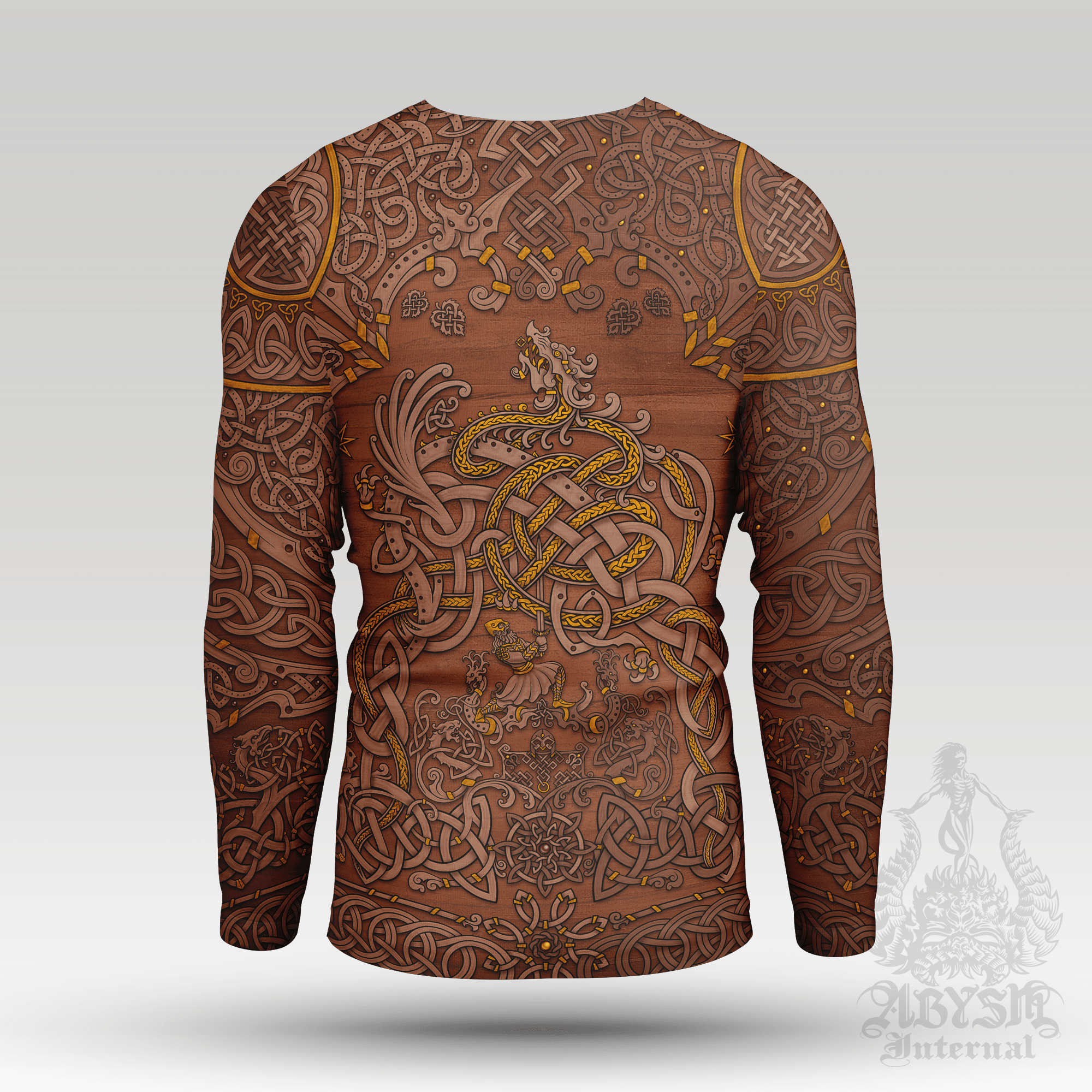 Nordic Dragon Rash Guard - Viking Long Sleeve Surf Shirt, Norse Sports Top | Fafnir, Knotwork Pattern Art UV Protection Activewear for Men and Women, Wood - Abysm Internal