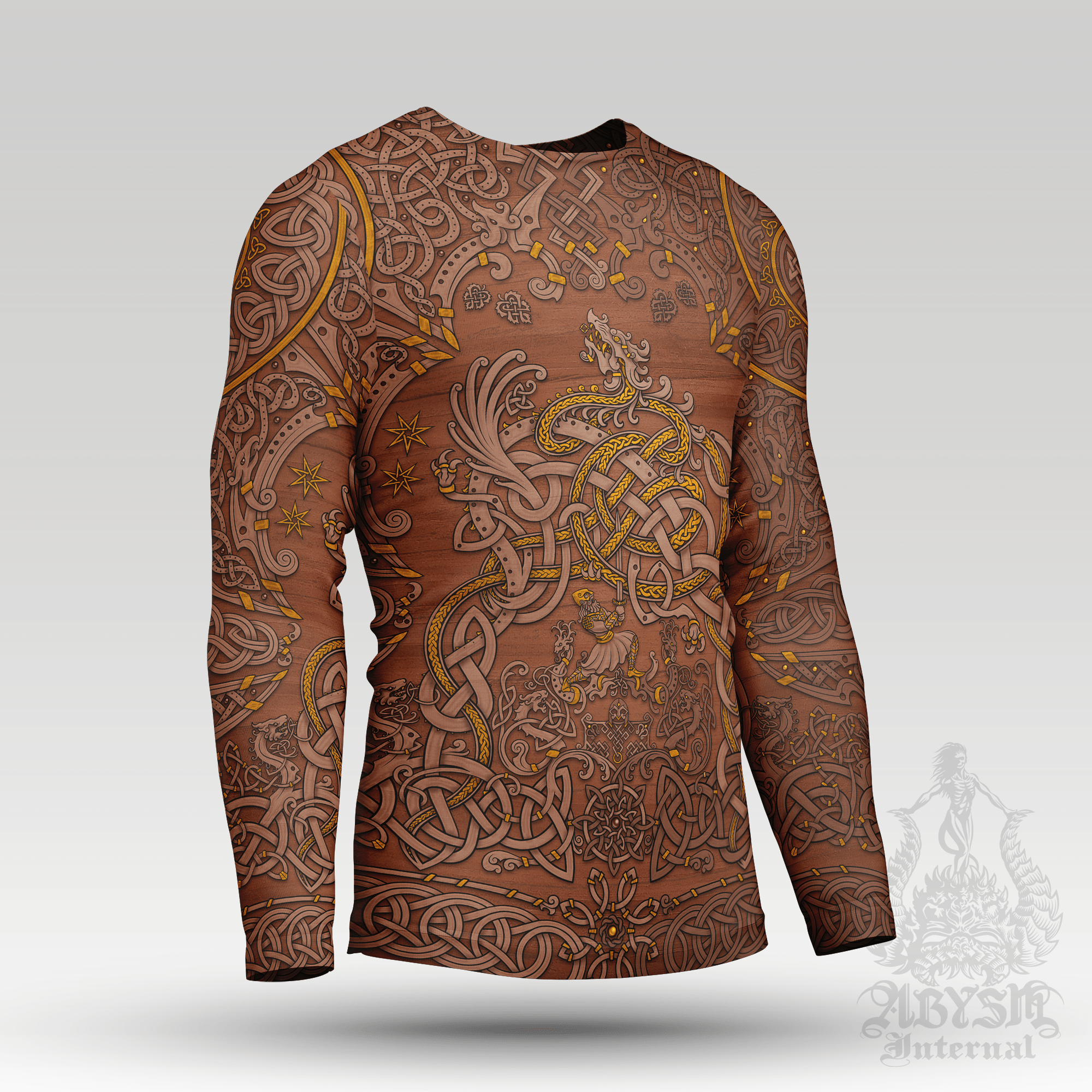 Nordic Dragon Rash Guard - Viking Long Sleeve Surf Shirt, Norse Sports Top | Fafnir, Knotwork Pattern Art UV Protection Activewear for Men and Women, Wood - Abysm Internal