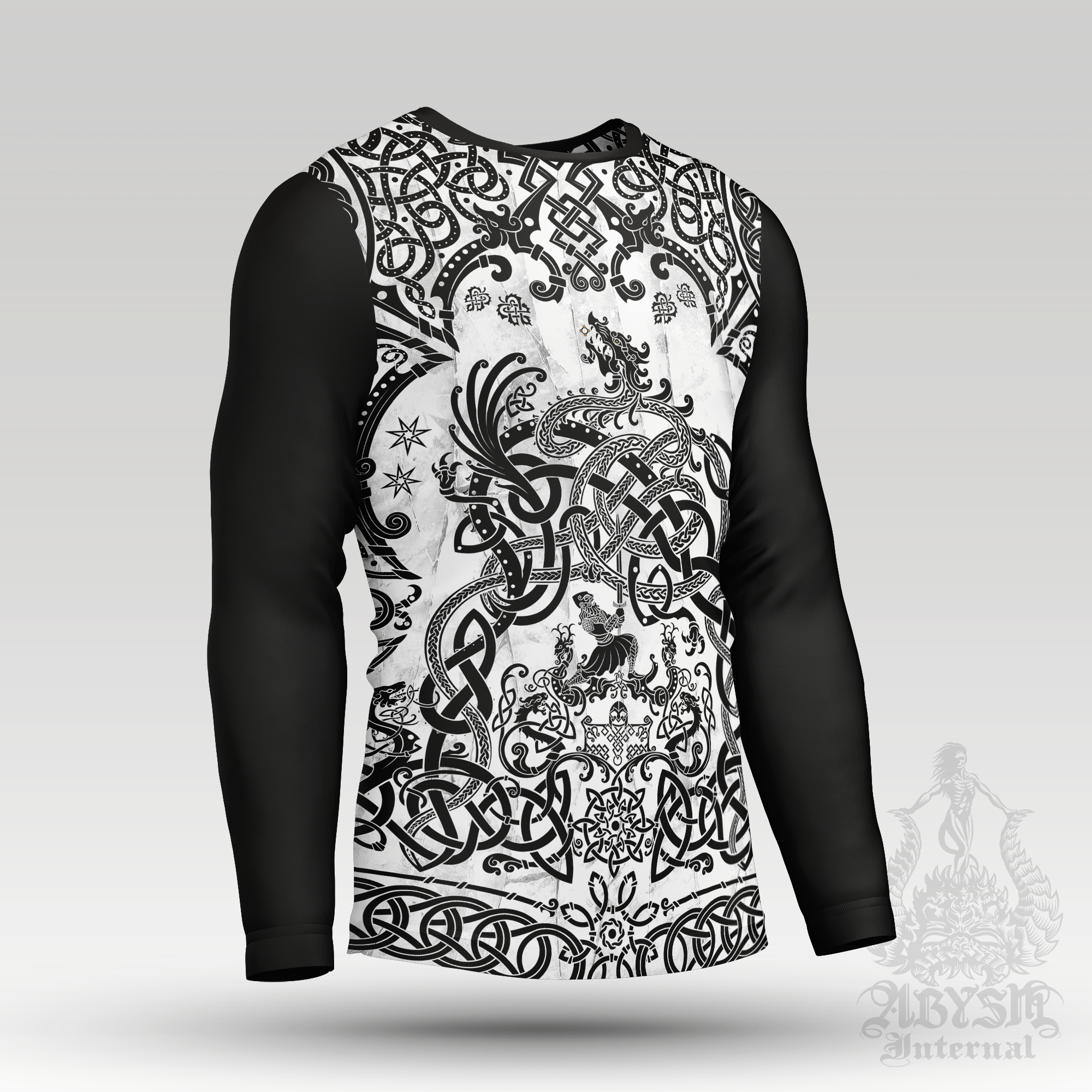 Nordic Dragon Rash Guard - White Viking Long Sleeve Surf Shirt, Black Norse Sports Top | Fafnir, Knotwork Pattern Art UV Protection Activewear for Men and Women - Abysm Internal
