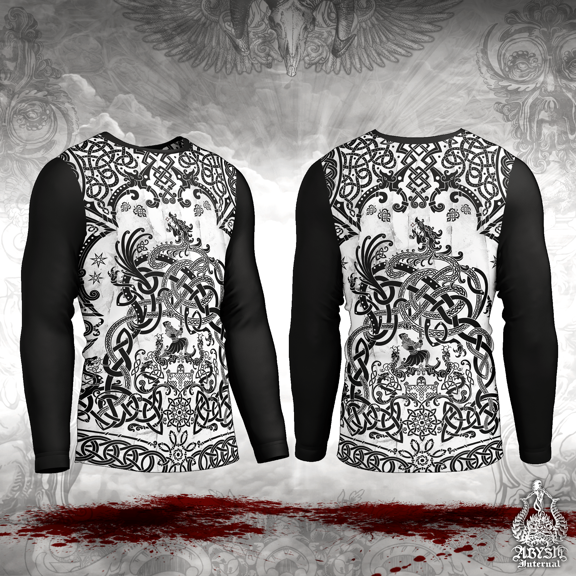 Nordic Dragon Rash Guard - White Viking Long Sleeve Surf Shirt, Black Norse Sports Top | Fafnir, Knotwork Pattern Art UV Protection Activewear for Men and Women - Abysm Internal
