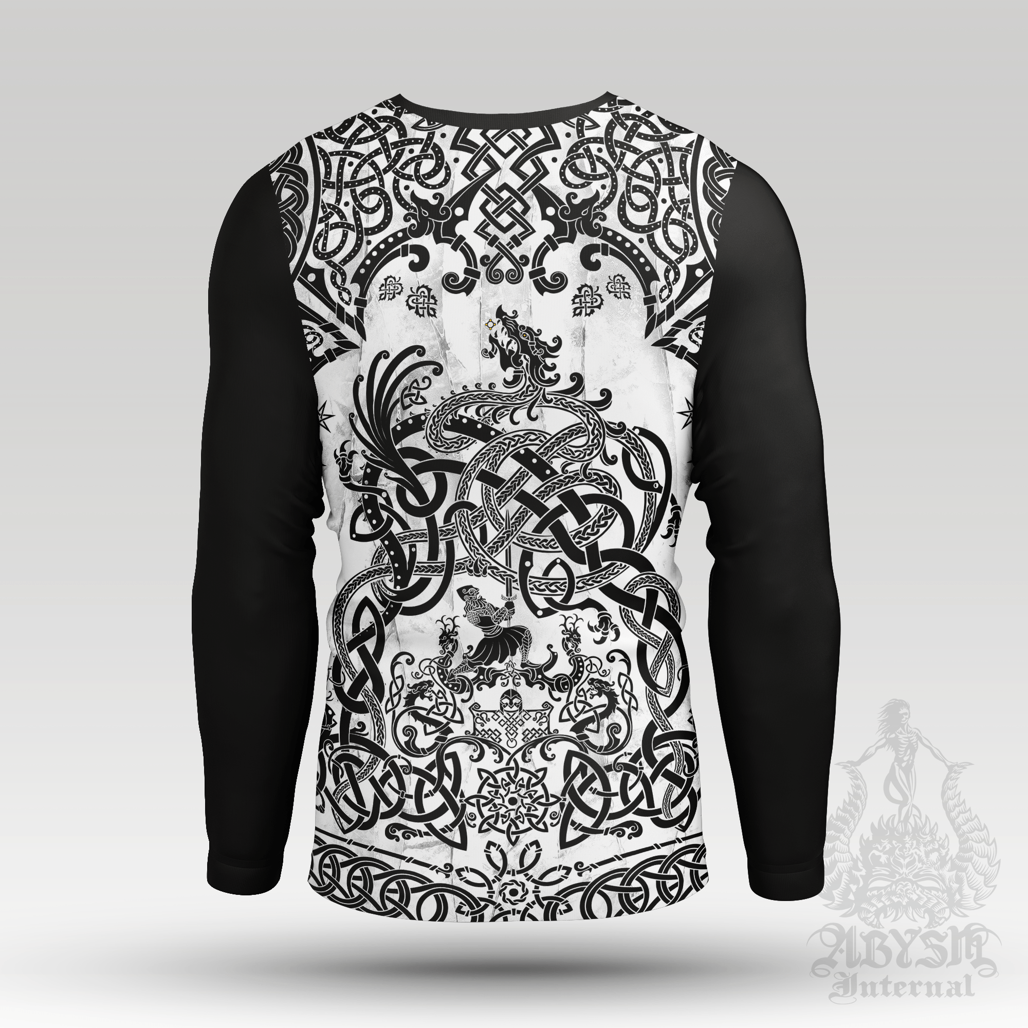 Nordic Dragon Rash Guard - White Viking Long Sleeve Surf Shirt, Black Norse Sports Top | Fafnir, Knotwork Pattern Art UV Protection Activewear for Men and Women - Abysm Internal