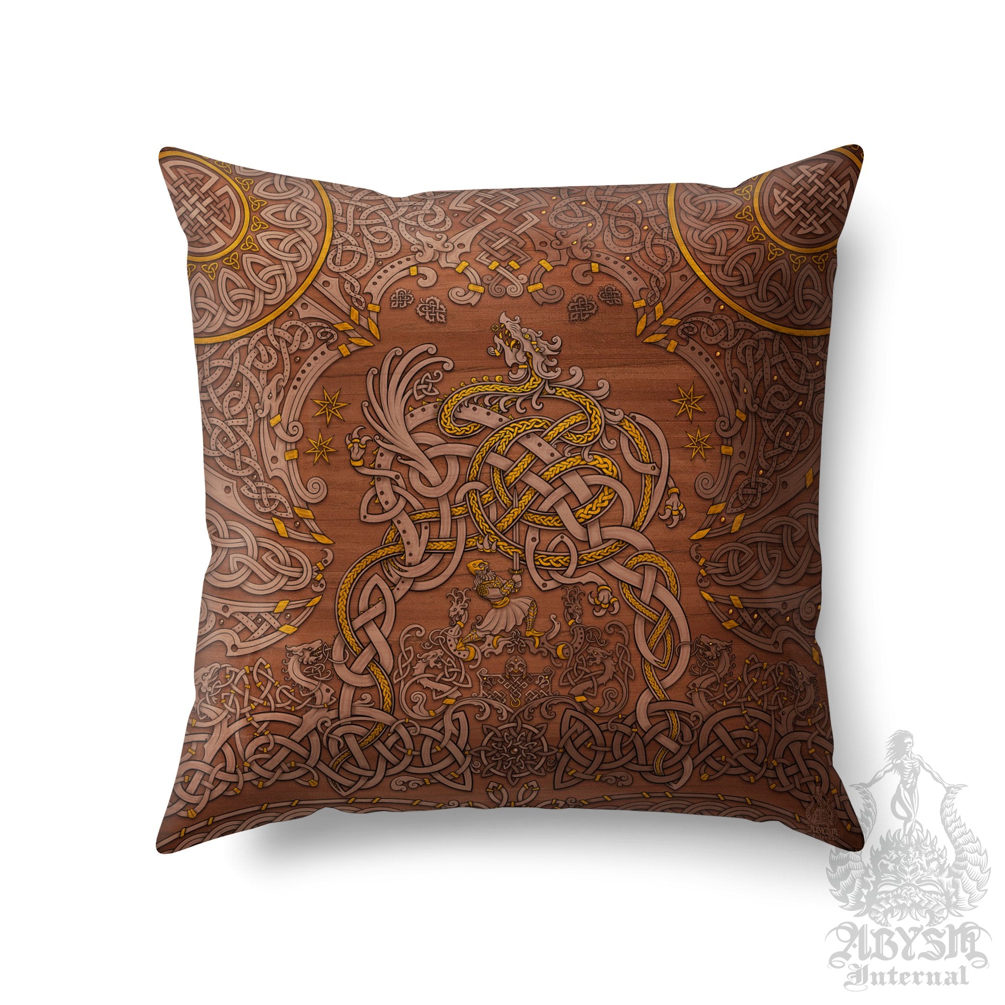 Nordic Throw Pillow, Decorative Accent Pillow, Square Cushion Cover, Gamer Room Decor, Dragon Fafnir, Viking Art, Alternative Home - Wood - Abysm Internal