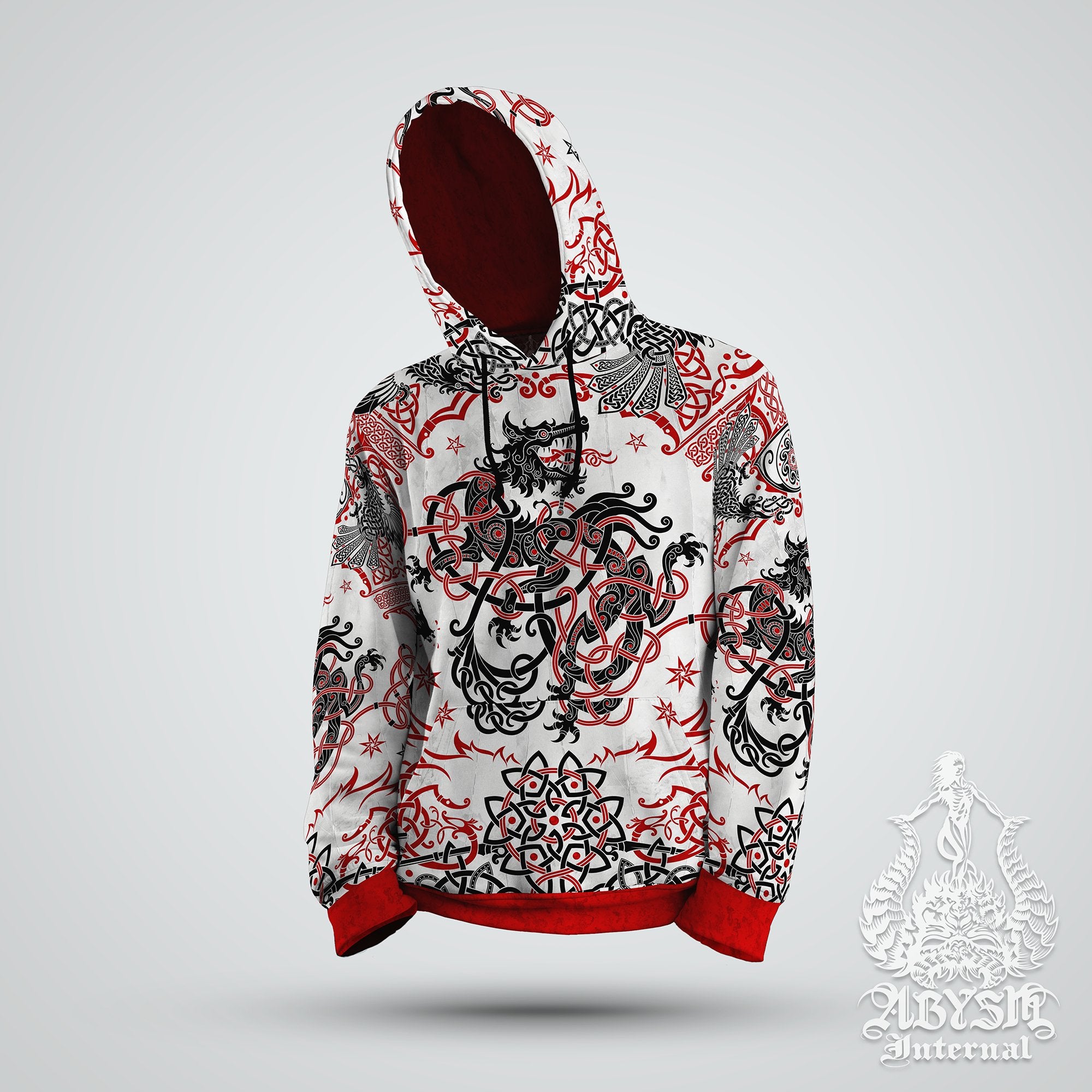 Nordic Wolf Hoodie, Norse Art Sweater, Fenrir Pullover, Viking Street Outfit, Knotwork Fenrir Streetwear, Alternative Clothing, Unisex - White Red Black - Abysm Internal