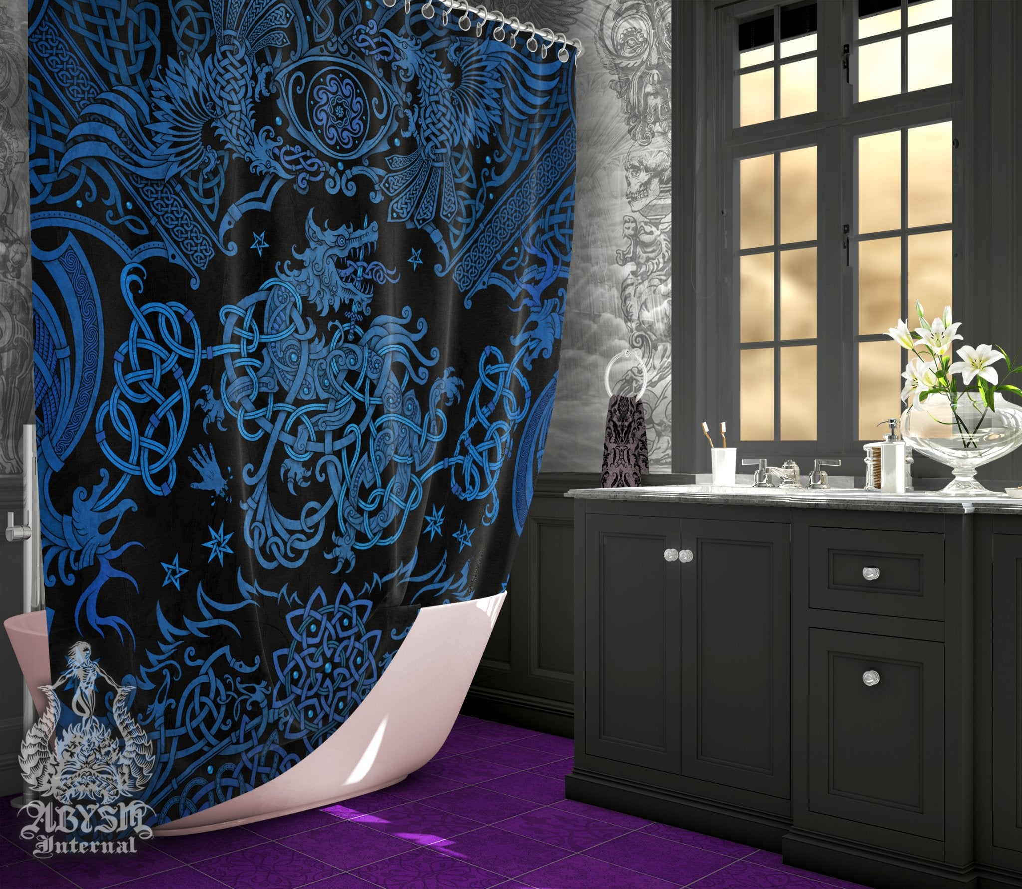 Nordic Wolf Shower Curtain, 71x74 inches, Old Norse Bathroom Decor, Viking Fenrir Art Print - Black Blue - Abysm Internal
