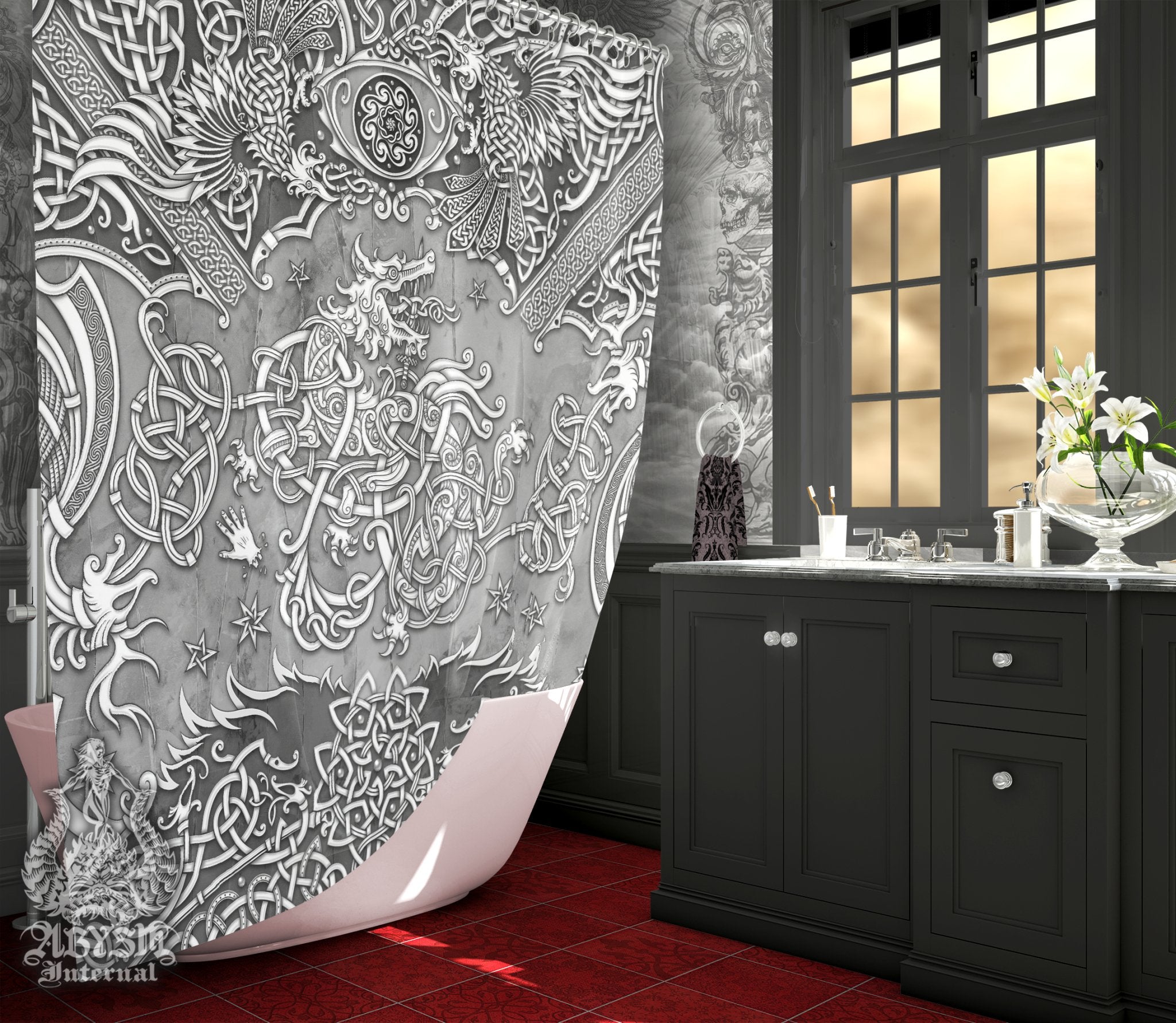 Nordic Wolf Shower Curtain, 71x74 inches, Old Norse Bathroom Decor, Viking Fenrir Art Print - Stone - Abysm Internal
