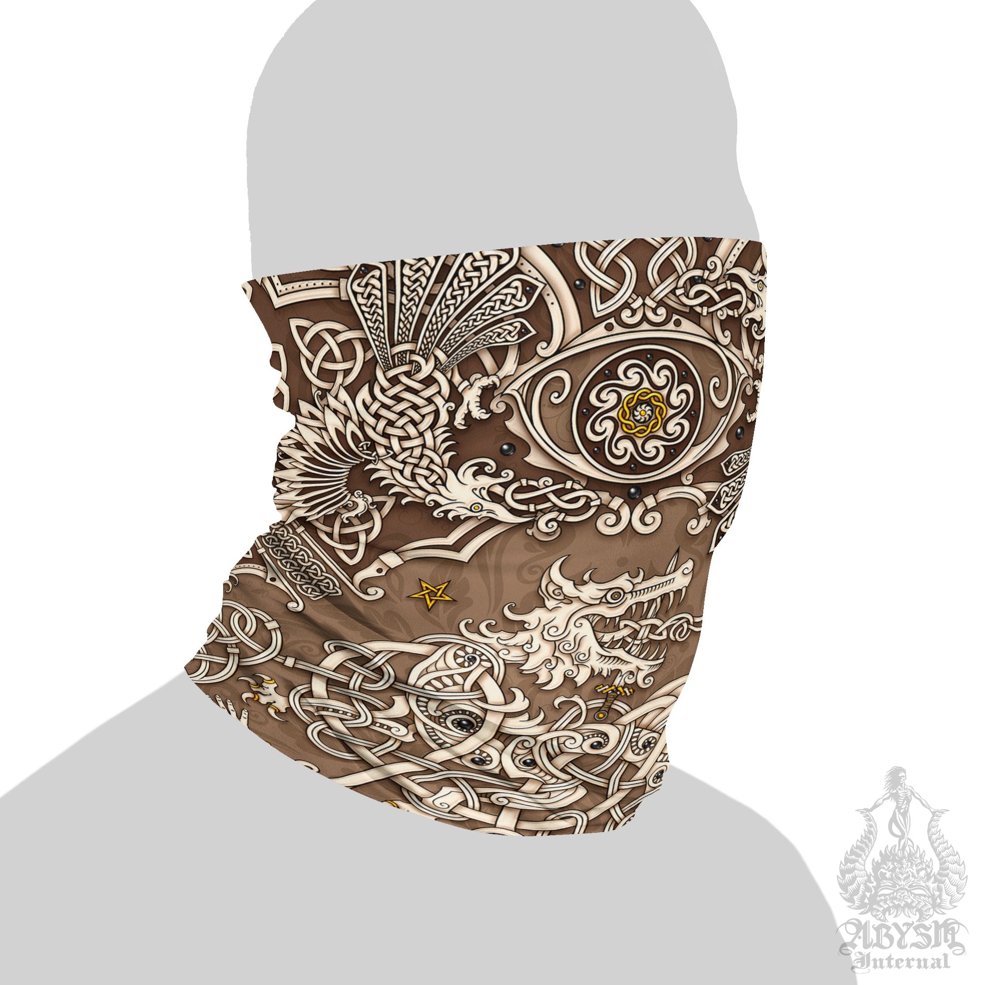 Norse Art Neck Gaiter, Viking Face Mask, Fenrir Printed Head Covering, Nordic Wolf - Cream - Abysm Internal