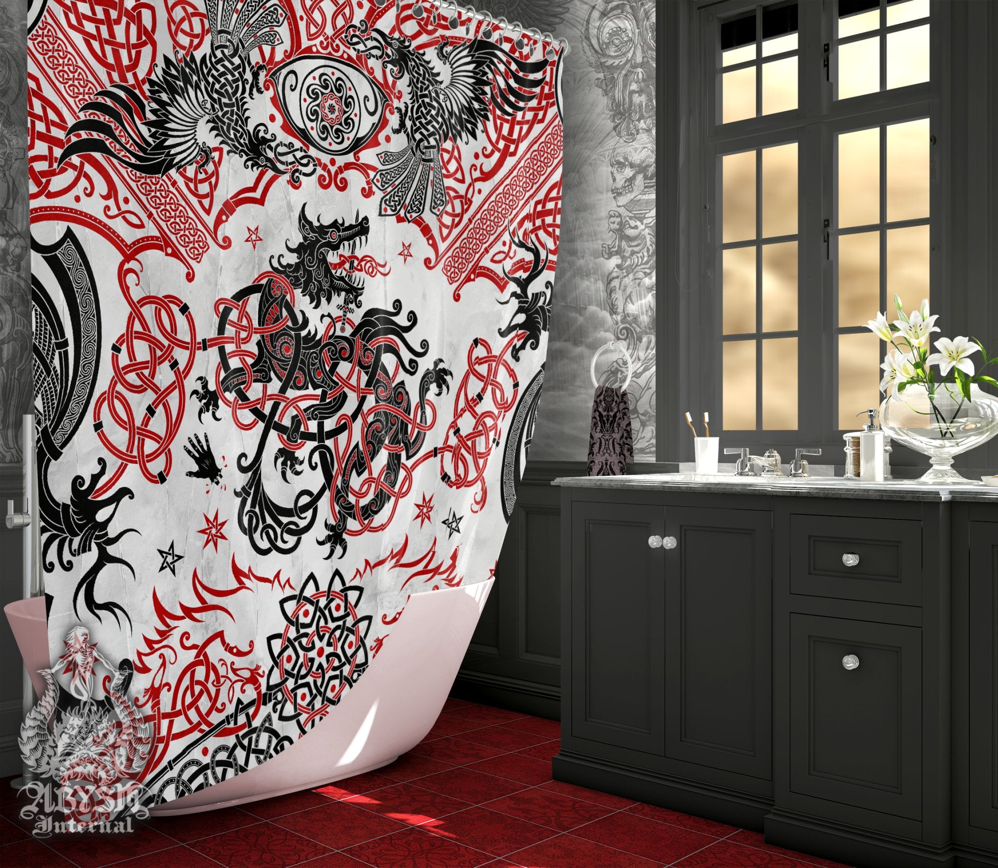 Norse Art Shower Curtain, 71x74 inches, Nordic Wolf Fenrir Bathroom Decor, Viking Art Print - White Red Black - Abysm Internal