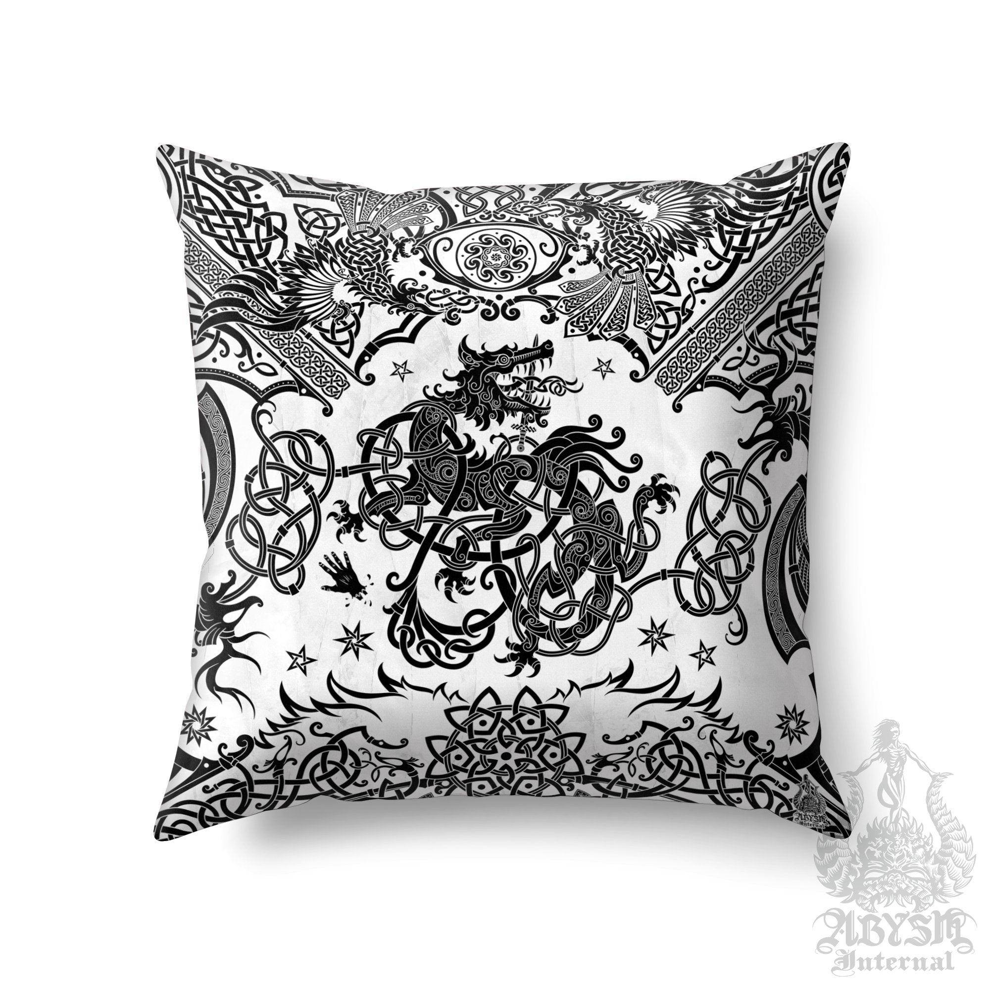 Norse Art Throw Pillow, Decorative Accent Pillow, Square Cushion Cover, Viking Room Decor, Fenrir Knotwork Art, Nordic Wolf, Alternative Home - Black and White - Abysm Internal