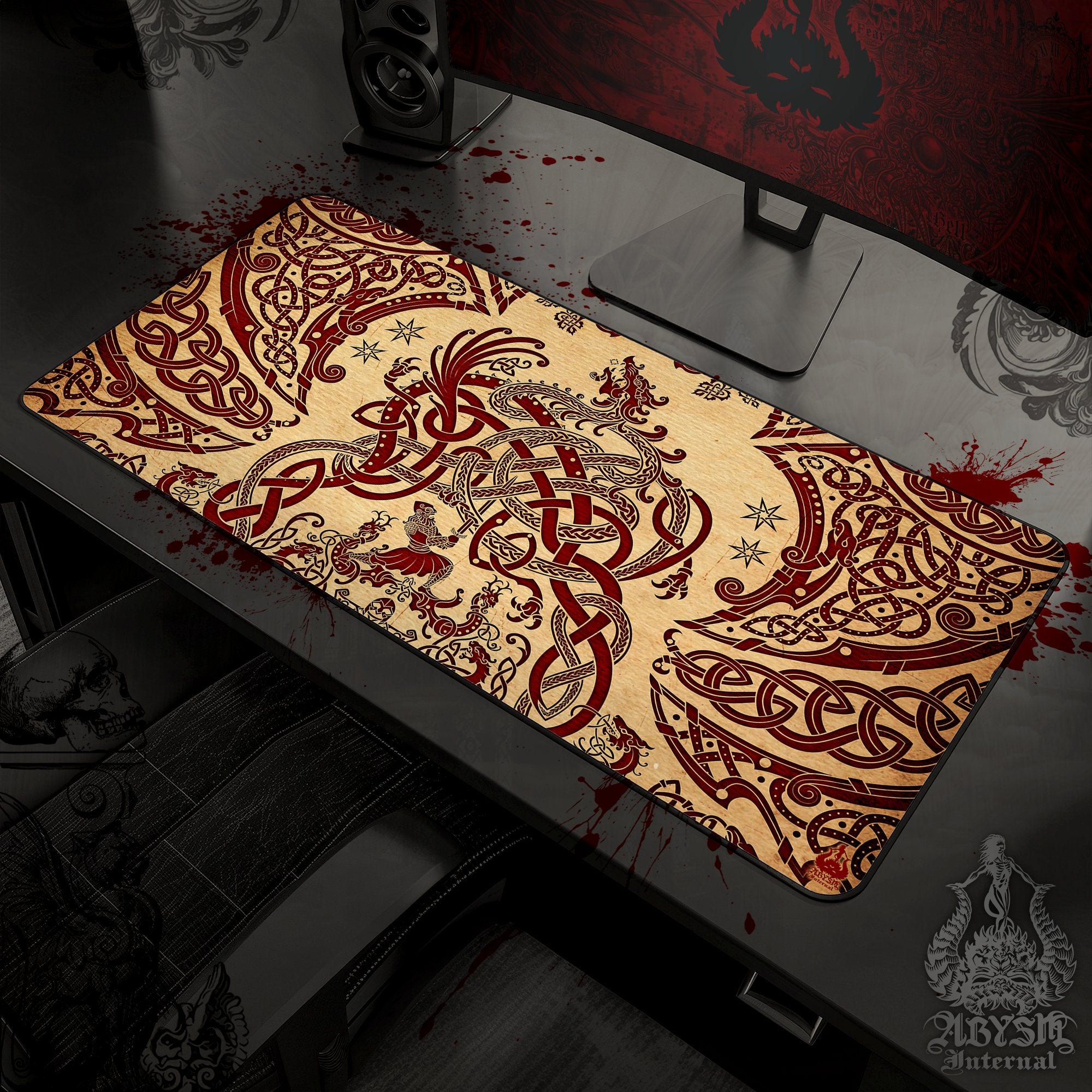 Norse Dragon Mouse Pad, Viking Gaming Desk Mat, Nordic Knotwork Workpad, Fafnir Table Protector Cover, Art Print - Paper - Abysm Internal