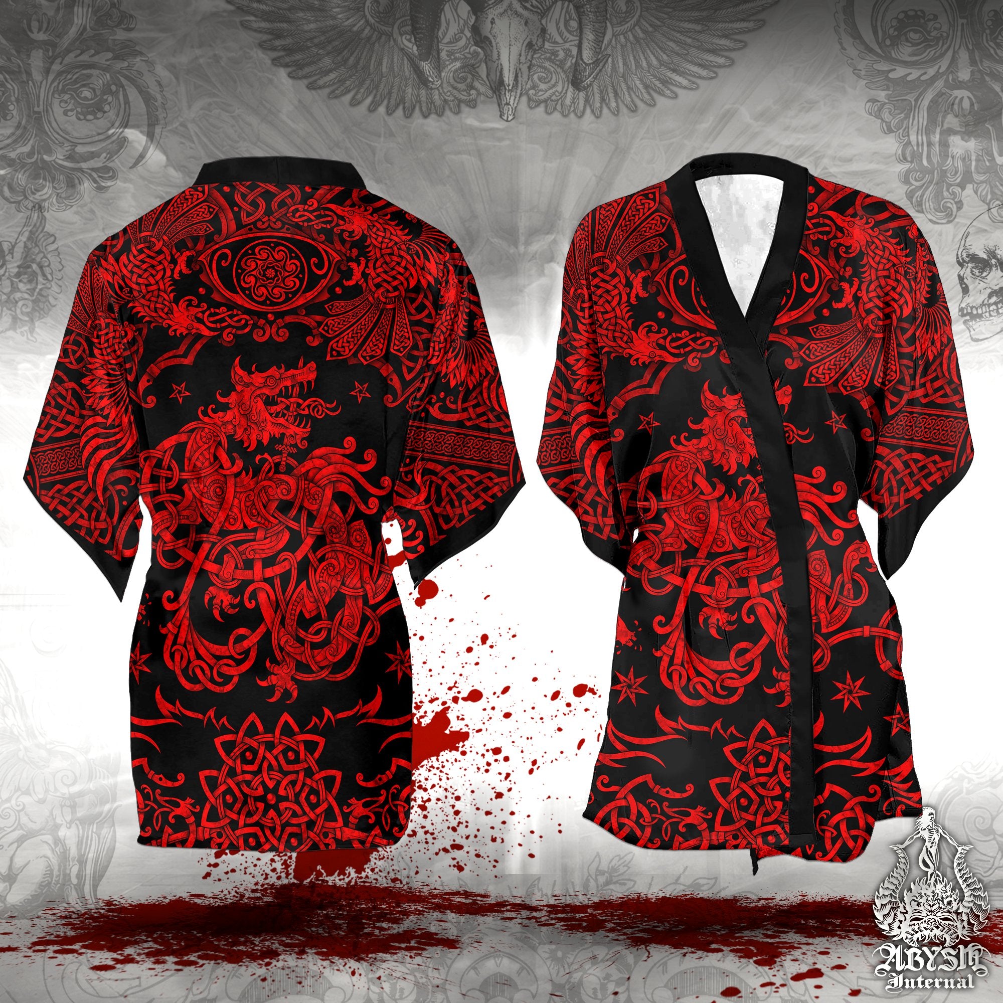 Norse Short Kimono Robe, Beach Party Outfit, Fenrir Coverup, Viking Alternative Festival, Metal Concert, Nordic Wolf, Summer Clothing, Unisex - Bloody Red and Black - Abysm Internal