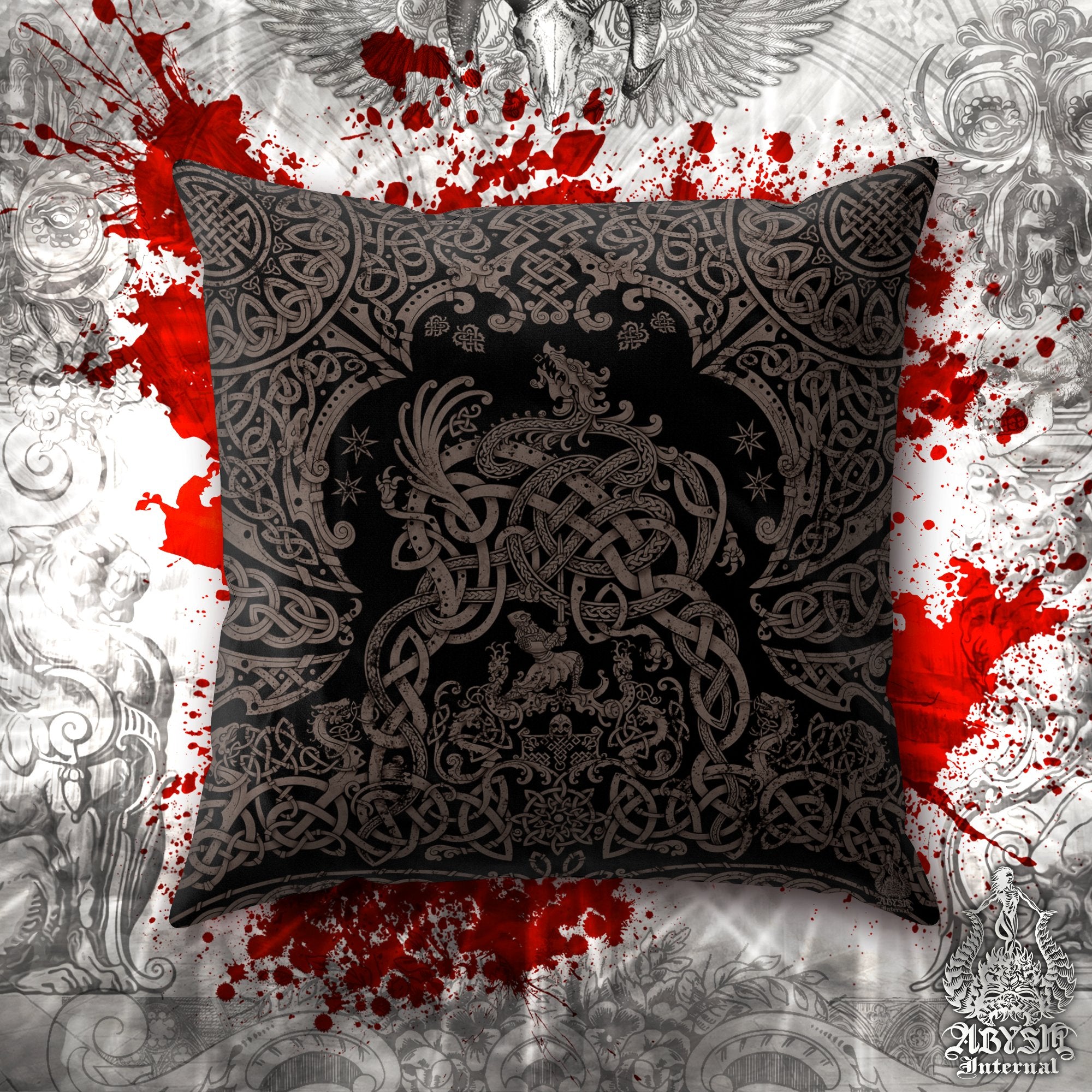 Norse Throw Pillow, Decorative Accent Pillow, Square Cushion Cover, Viking Room Decor, Dragon Fafnir, Alternative Home - Black Grey Grit - Abysm Internal