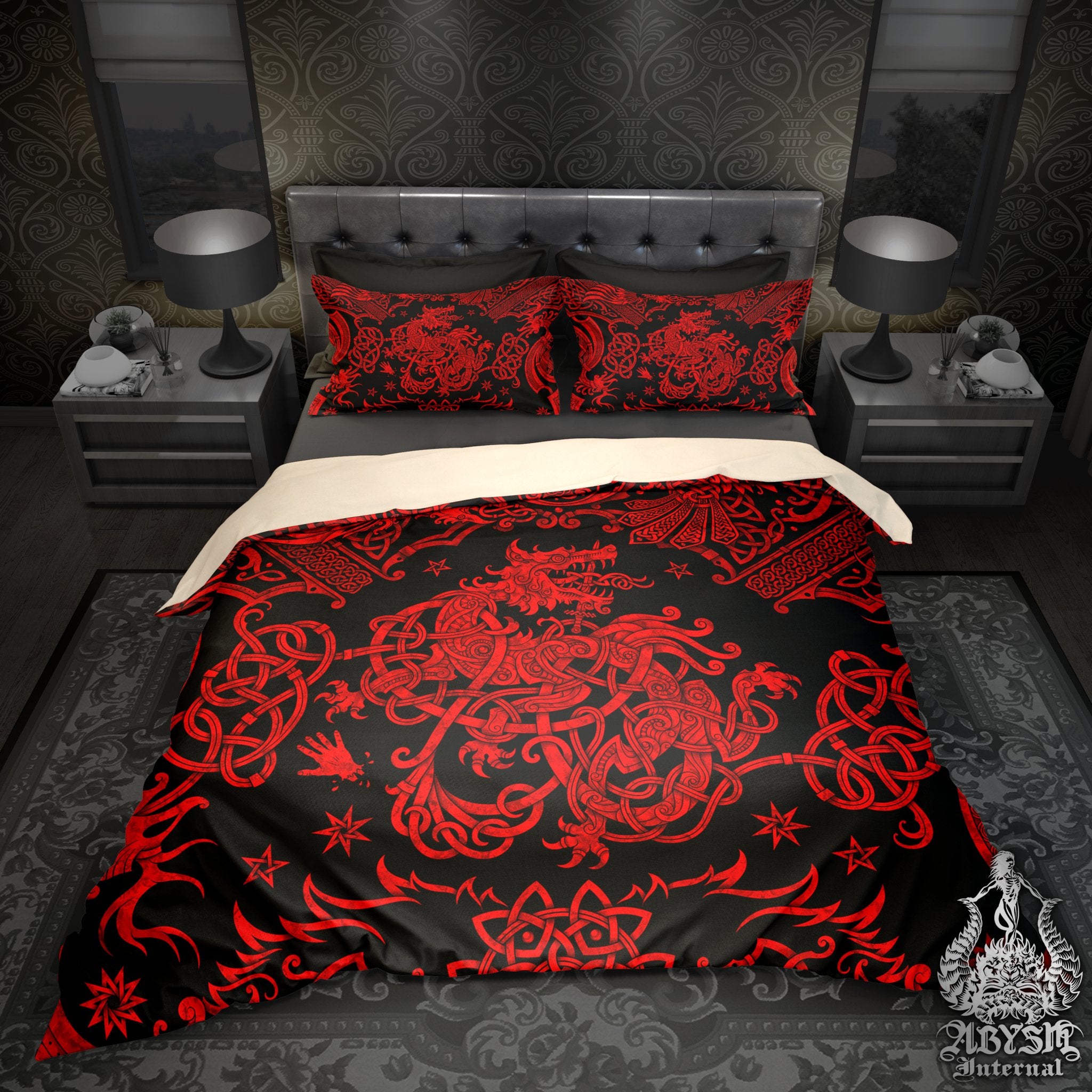 Norse Wolf Bedding Set, Comforter or Duvet, Viking Bed Cover and Bedroom Decor, Fenrir Art Print, King, Queen & Twin Size - Red Black - Abysm Internal