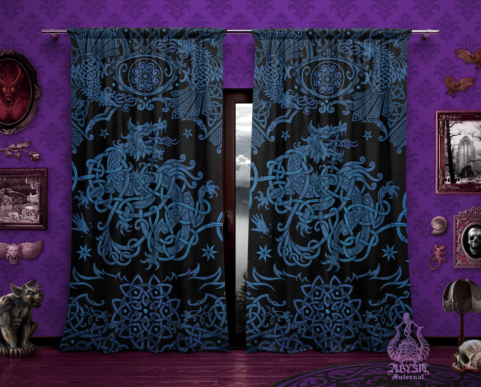 Norse Wolf Curtains, 50x84' Printed Window Panels, Viking Room Decor, Fenrir Art Print - Black Blue - Abysm Internal