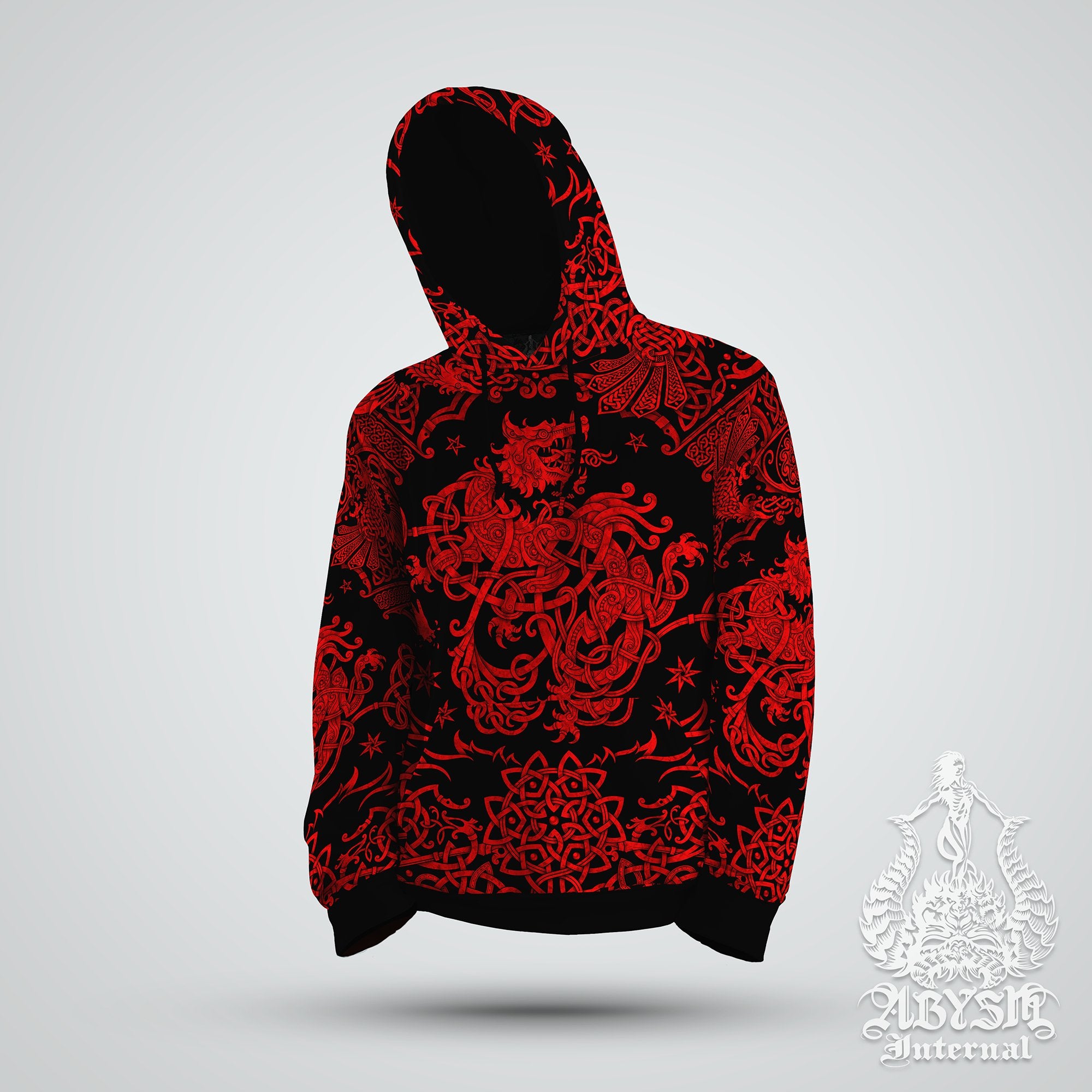 Norse Wolf Hoodie, Fenrir Sweater, Knotwork Pullover, Viking Street Outfit, Nordic Art Streetwear, Alternative Clothing, Unisex - Black Red - Abysm Internal