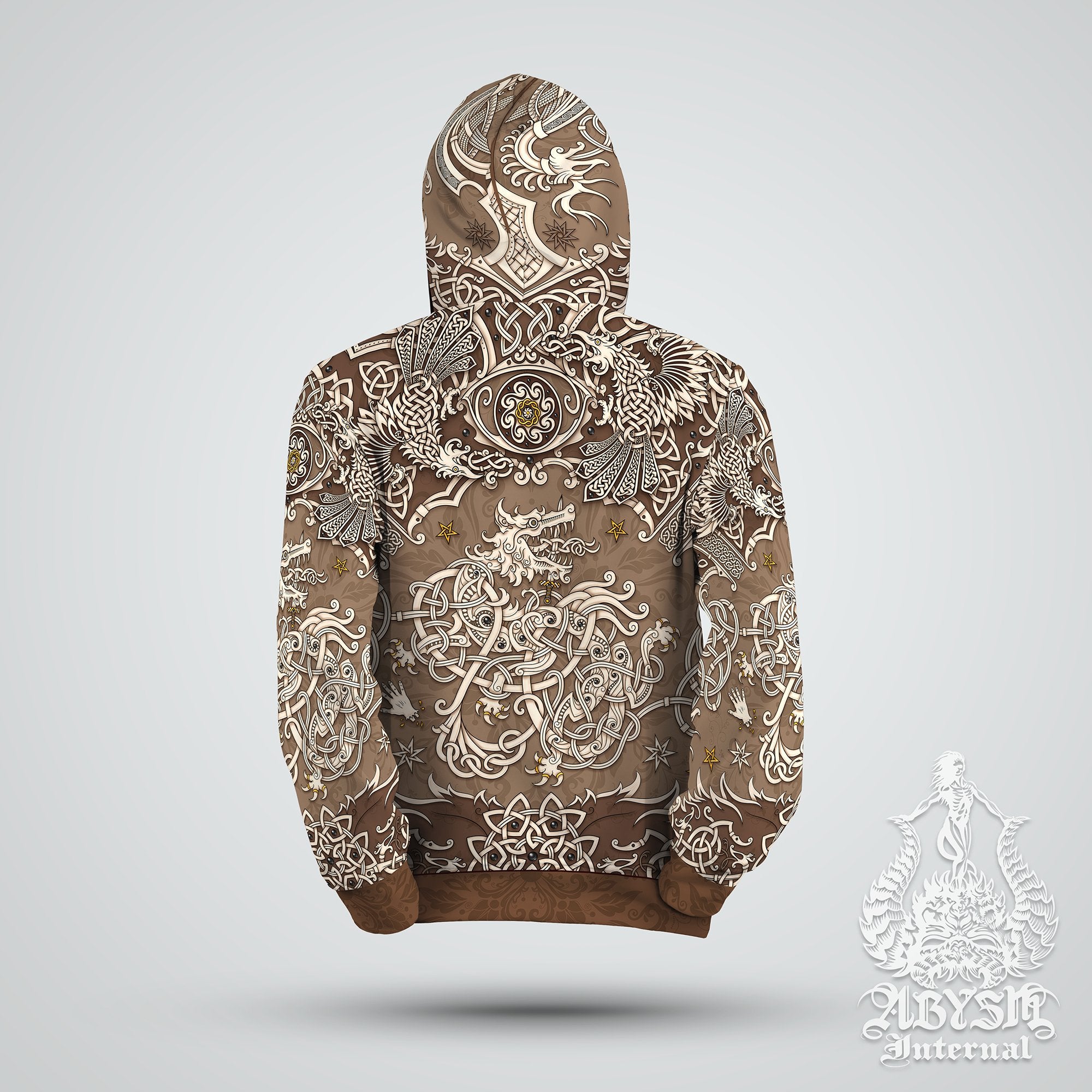 Norse Wolf Hoodie, Fenrir Sweater, Knotwork Pullover, Viking Street Outfit, Nordic Art Streetwear, Alternative Clothing, Unisex - Cream - Abysm Internal