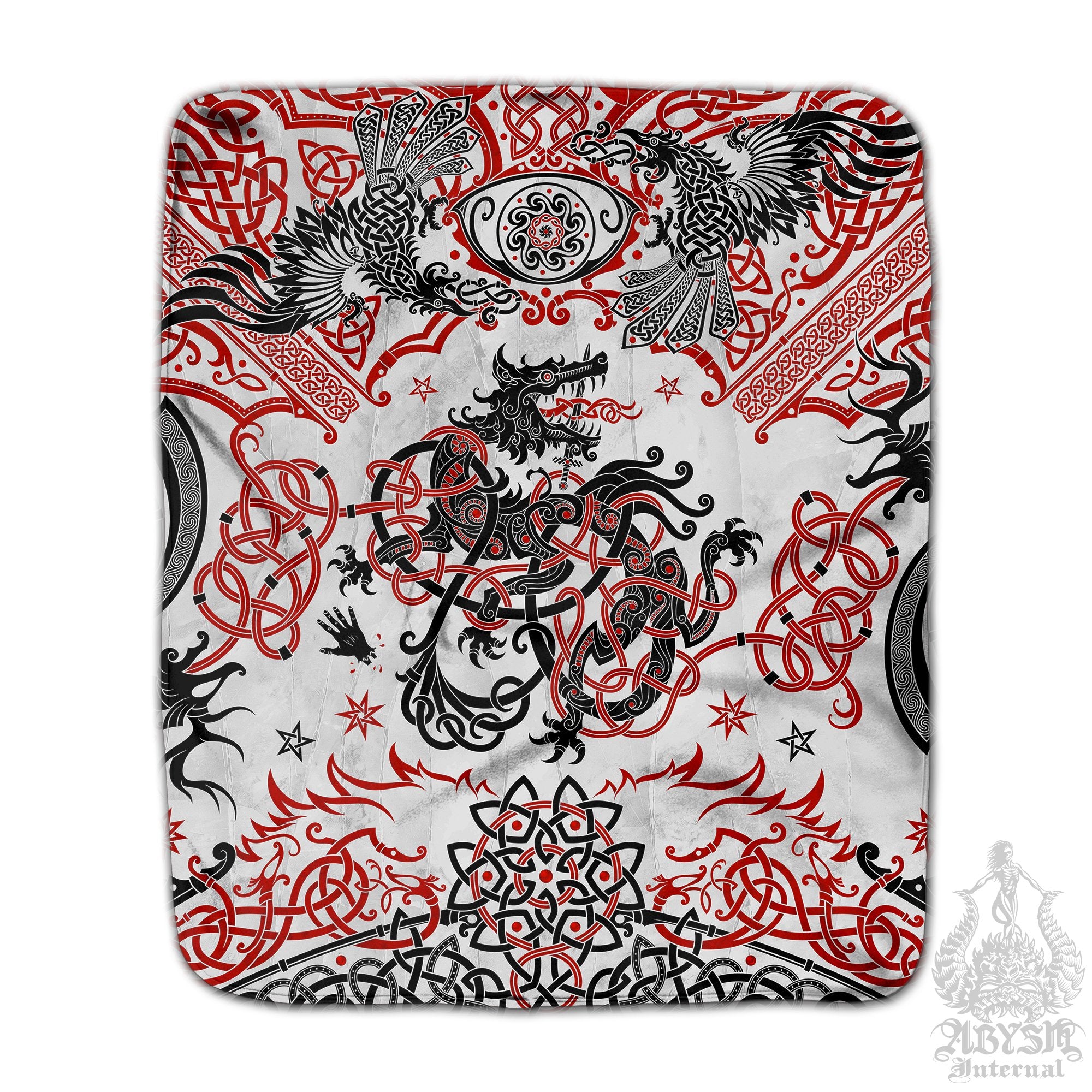 Norse Wolf Sherpa Fleece Throw Blanket, Nordic Mythology Decor, Fenrir Art Print, Alternative Gift - White Red Black - Abysm Internal