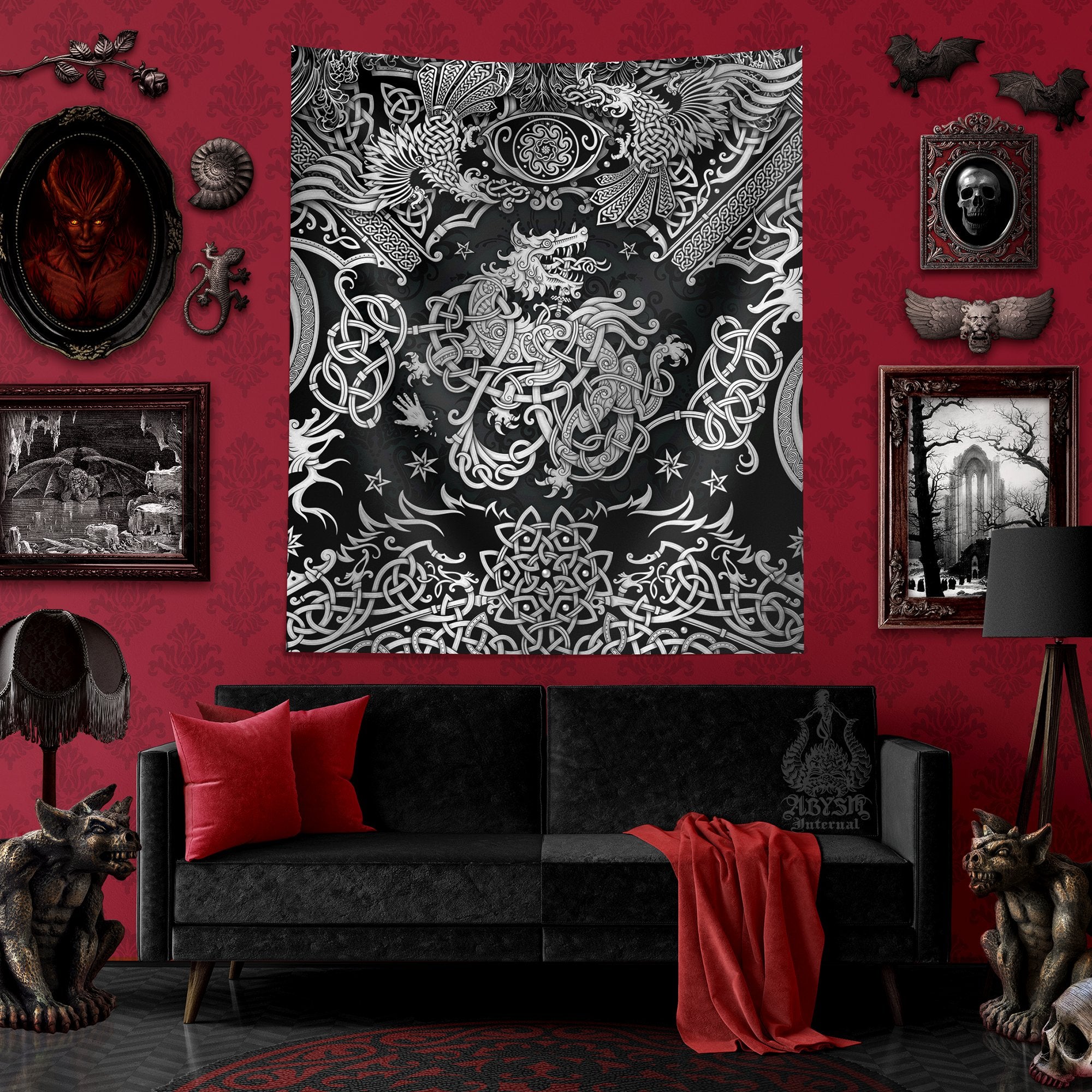 Norse Wolf Tapestry, Viking Wall Hanging, Fenrir Art, Nordic Mythology Home Decor, Vertical Print - Dark - Abysm Internal