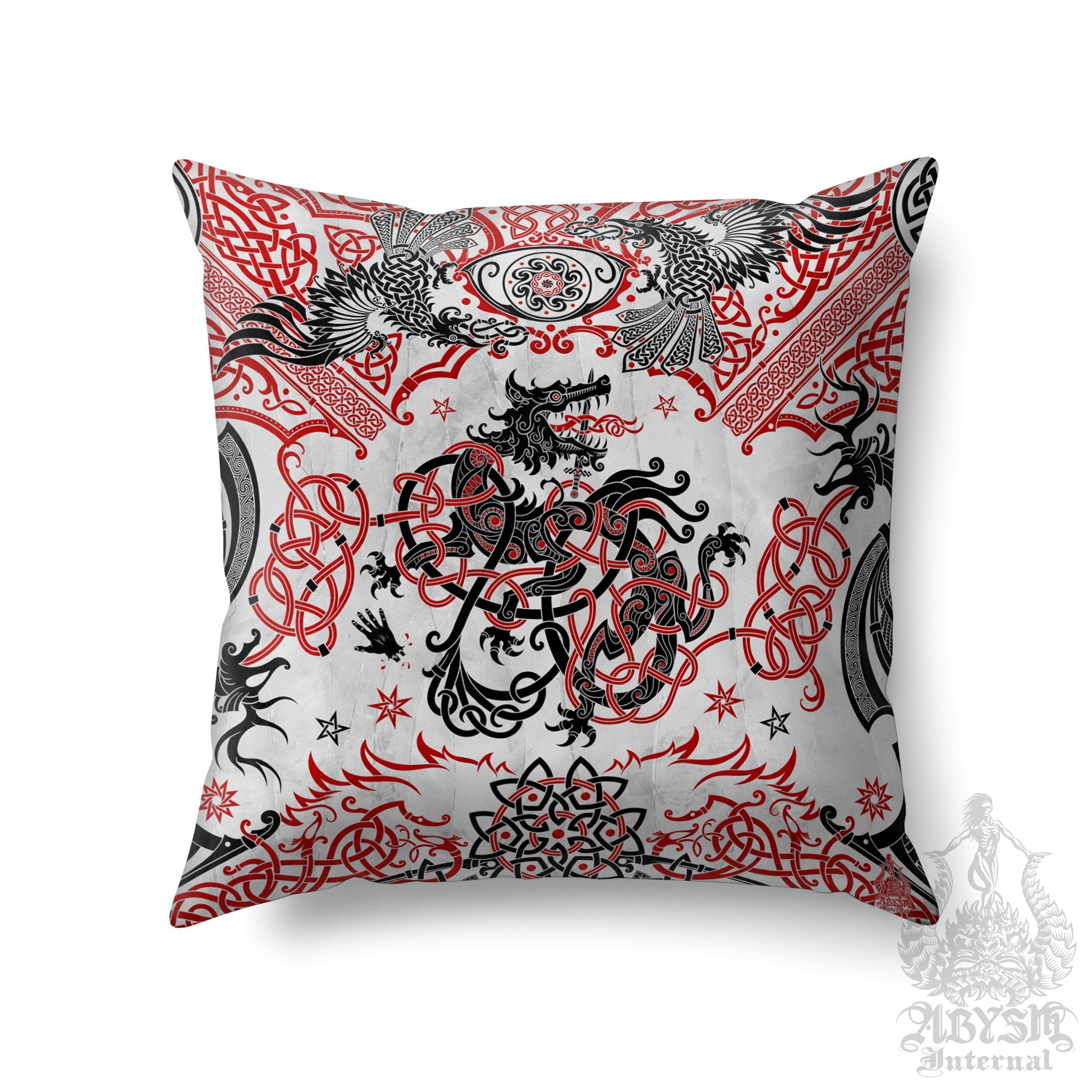 Norse Wolf Throw Pillow, Decorative Accent Pillow, Square Cushion Cover, Nordic Room Decor, Fenrir Knotwork, Viking Art, Alternative Home - Bloody White Black, Red - Abysm Internal