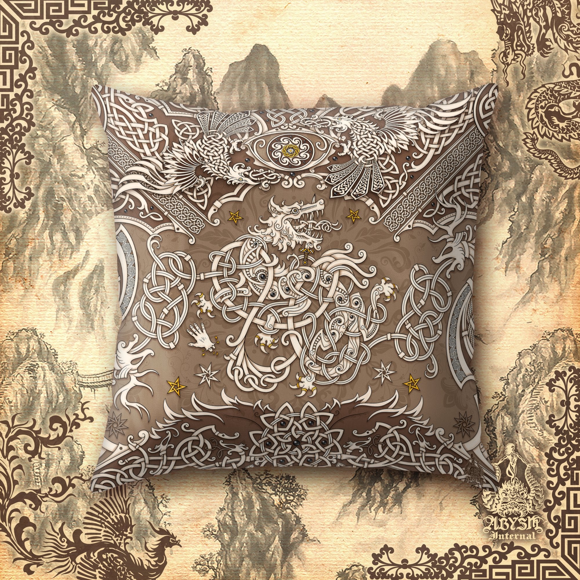 Norse Wolf Throw Pillow, Decorative Accent Pillow, Square Cushion Cover, Nordic Room Decor, Fenrir Knotwork, Viking Art, Alternative Home - Cream - Abysm Internal