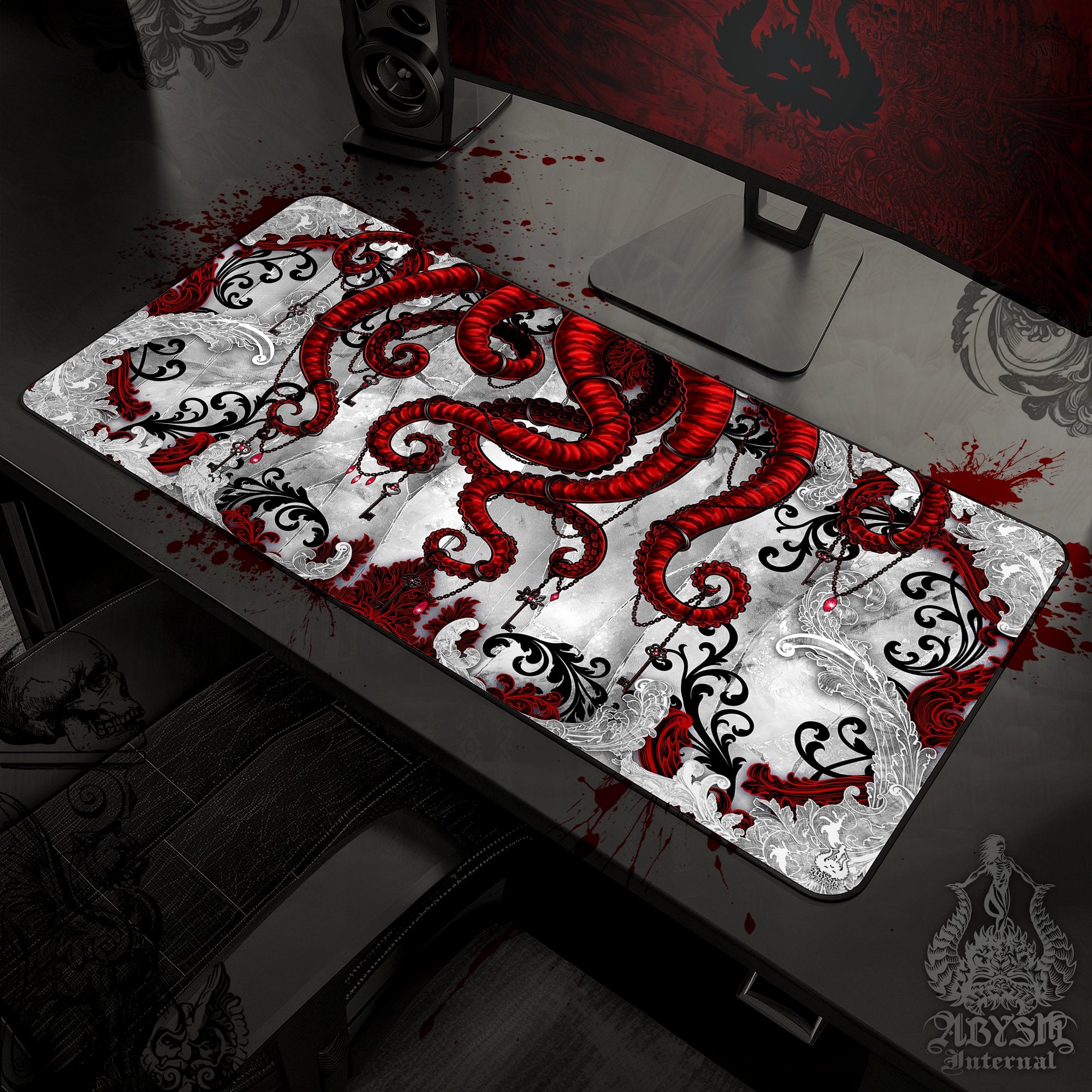 Octopus Gaming Desk Mat, Red Tentacles Mouse Pad, Gothic Gamer Table Protector Cover, Bloody White Goth Workpad, Fantasy Art Print - Abysm Internal