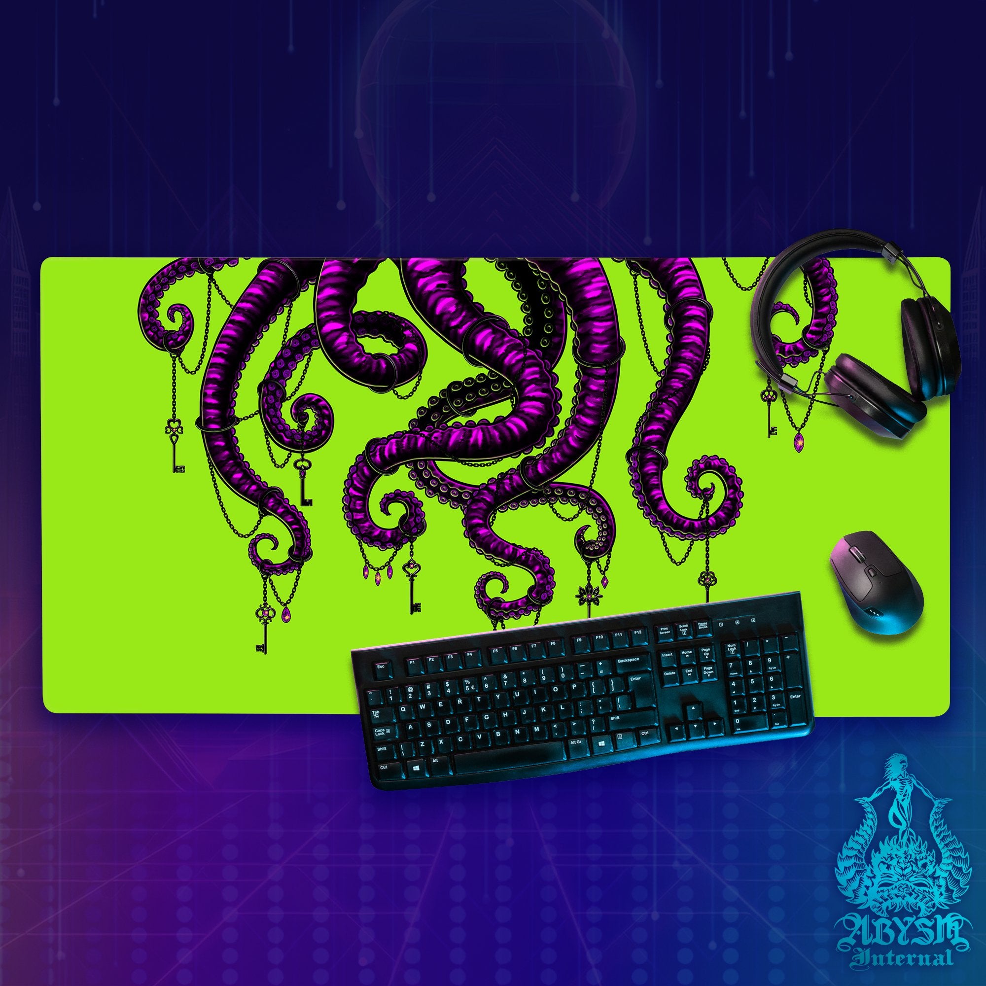 Octopus Gaming Mouse Pad, Neon Horror Desk Mat, Gamer Table Protector Cover, Tentacles Workpad, Fantasy Art Print - Abysm Internal