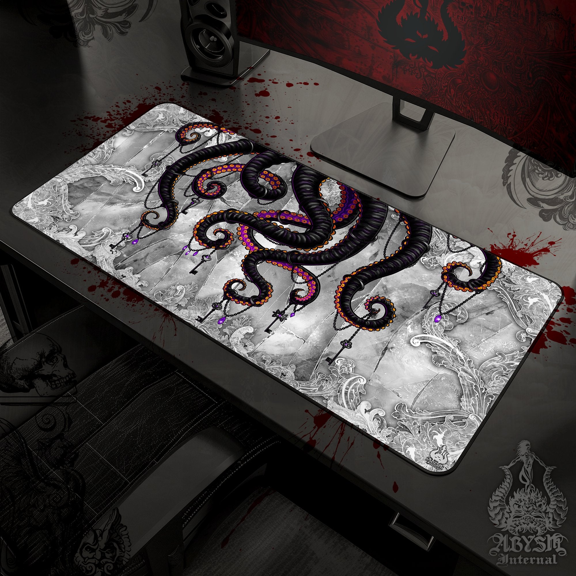 Octopus Gaming Mouse Pad, Tentacles Desk Mat, Gamer Table Protector Cover, White Goth Workpad, Fantasy Art Print - Stone - Abysm Internal