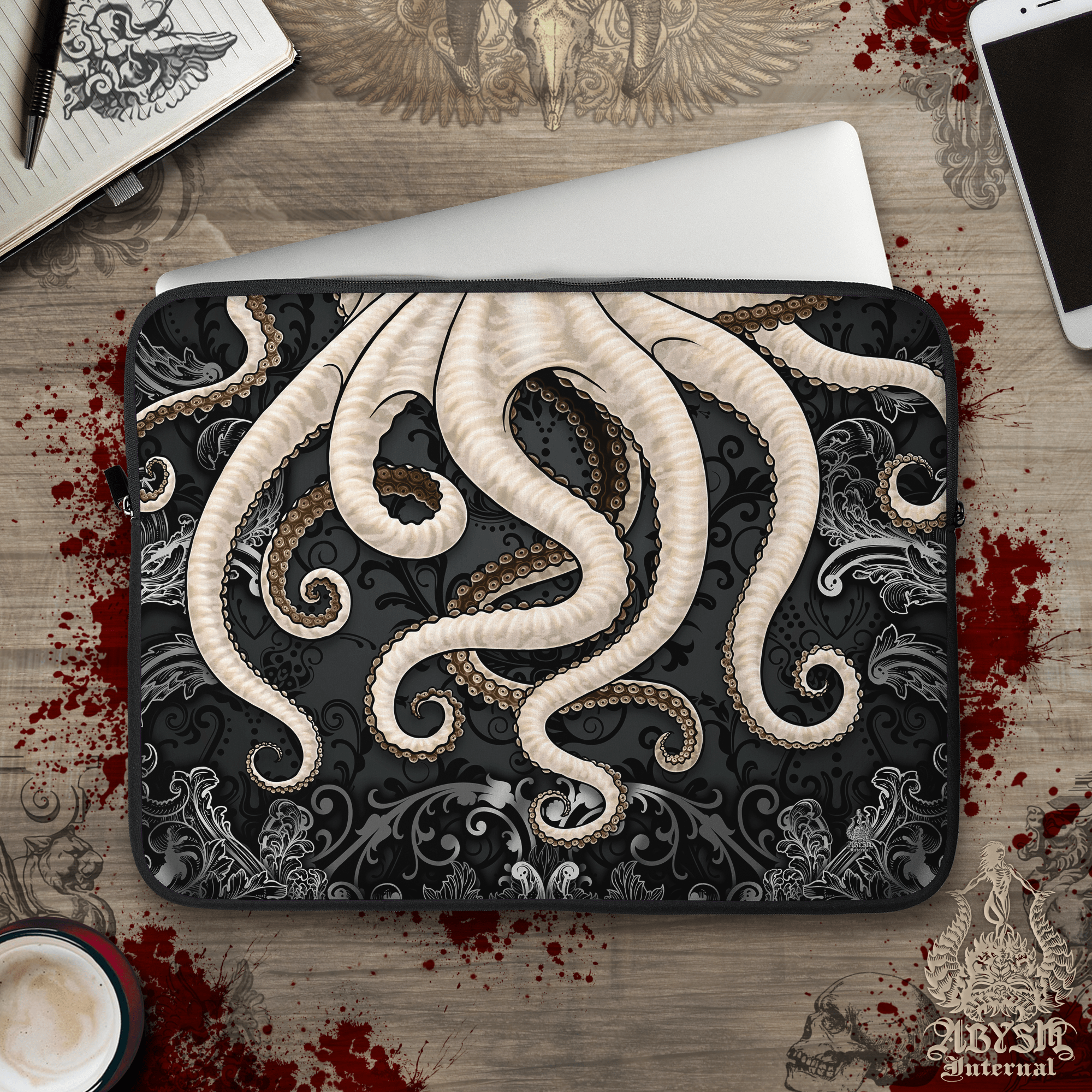 Octopus Laptop Case – Black and White Tentacles, 13" & 15", Dark Fantasy Art, Printed Padded Soft Sleeve - Abysm Internal