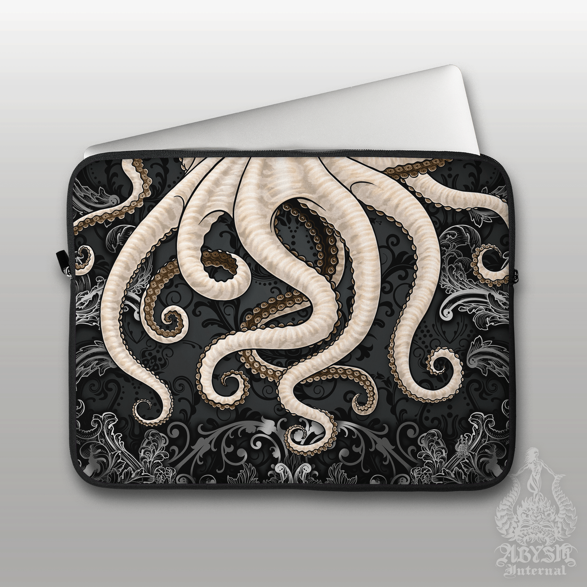 Octopus Laptop Case – Black and White Tentacles, 13" & 15", Dark Fantasy Art, Printed Padded Soft Sleeve - Abysm Internal