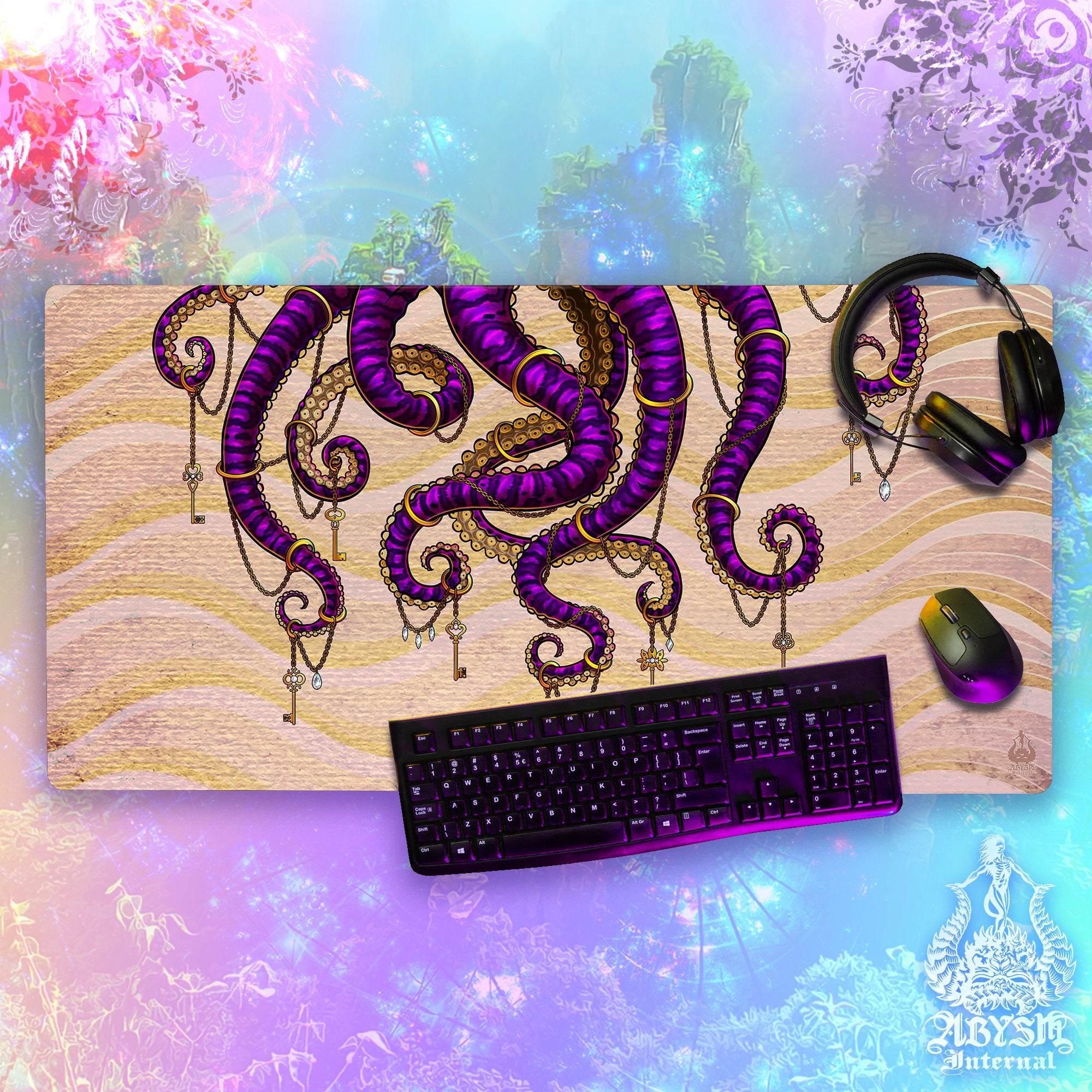 Octopus Workpad, Purple Tentacles Desk Mat, Colorful Gaming Mouse Pad, Gamer Table Protector Cover, Fantasy Art Print - Stone, Sand, 2 Colors - Abysm Internal