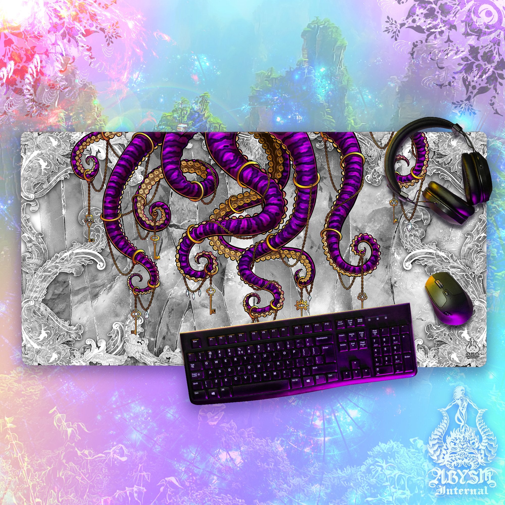 Octopus Workpad, Purple Tentacles Desk Mat, Colorful Gaming Mouse Pad, Gamer Table Protector Cover, Fantasy Art Print - Stone, Sand, 2 Colors - Abysm Internal