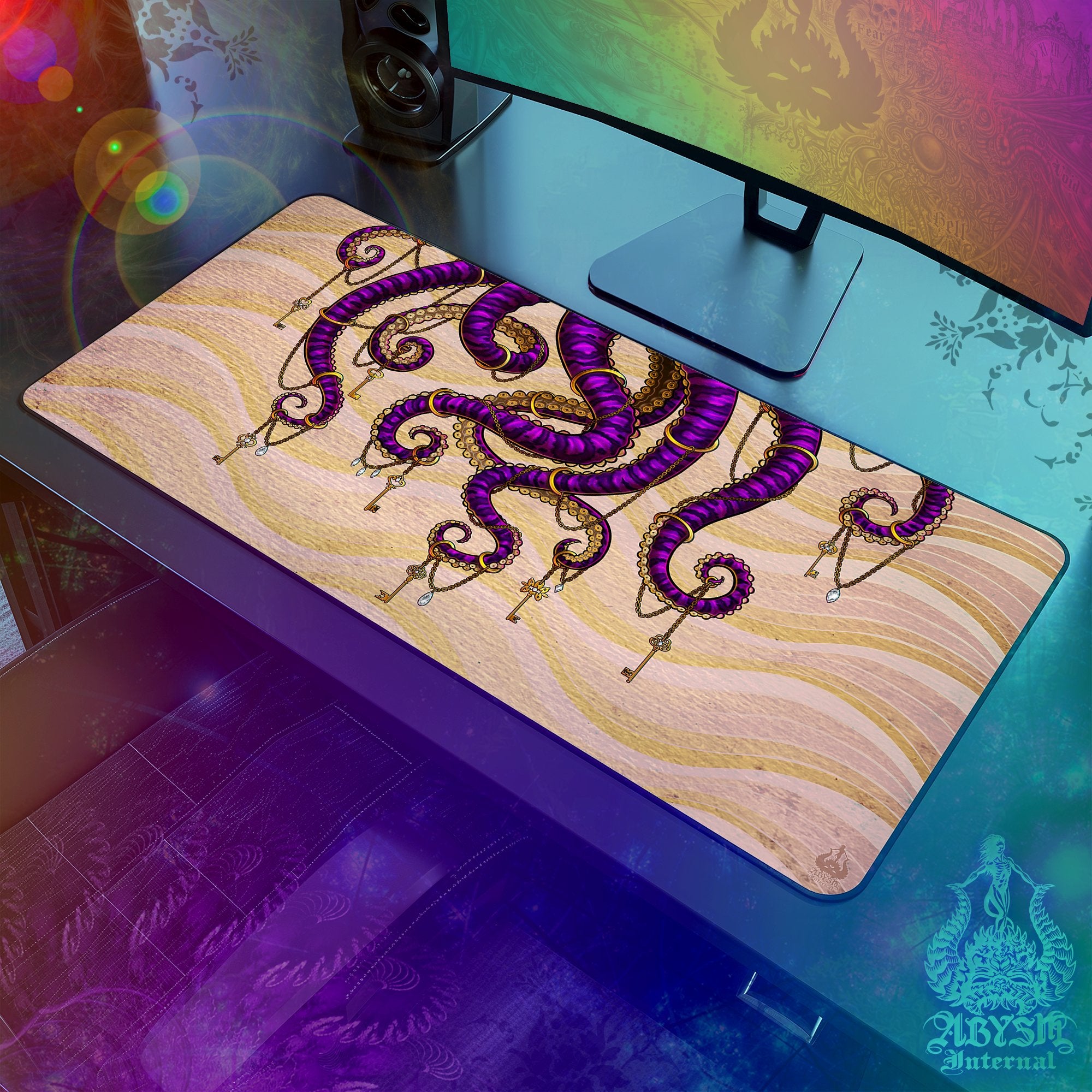 Octopus Workpad, Purple Tentacles Desk Mat, Colorful Gaming Mouse Pad, Gamer Table Protector Cover, Fantasy Art Print - Stone, Sand, 2 Colors - Abysm Internal