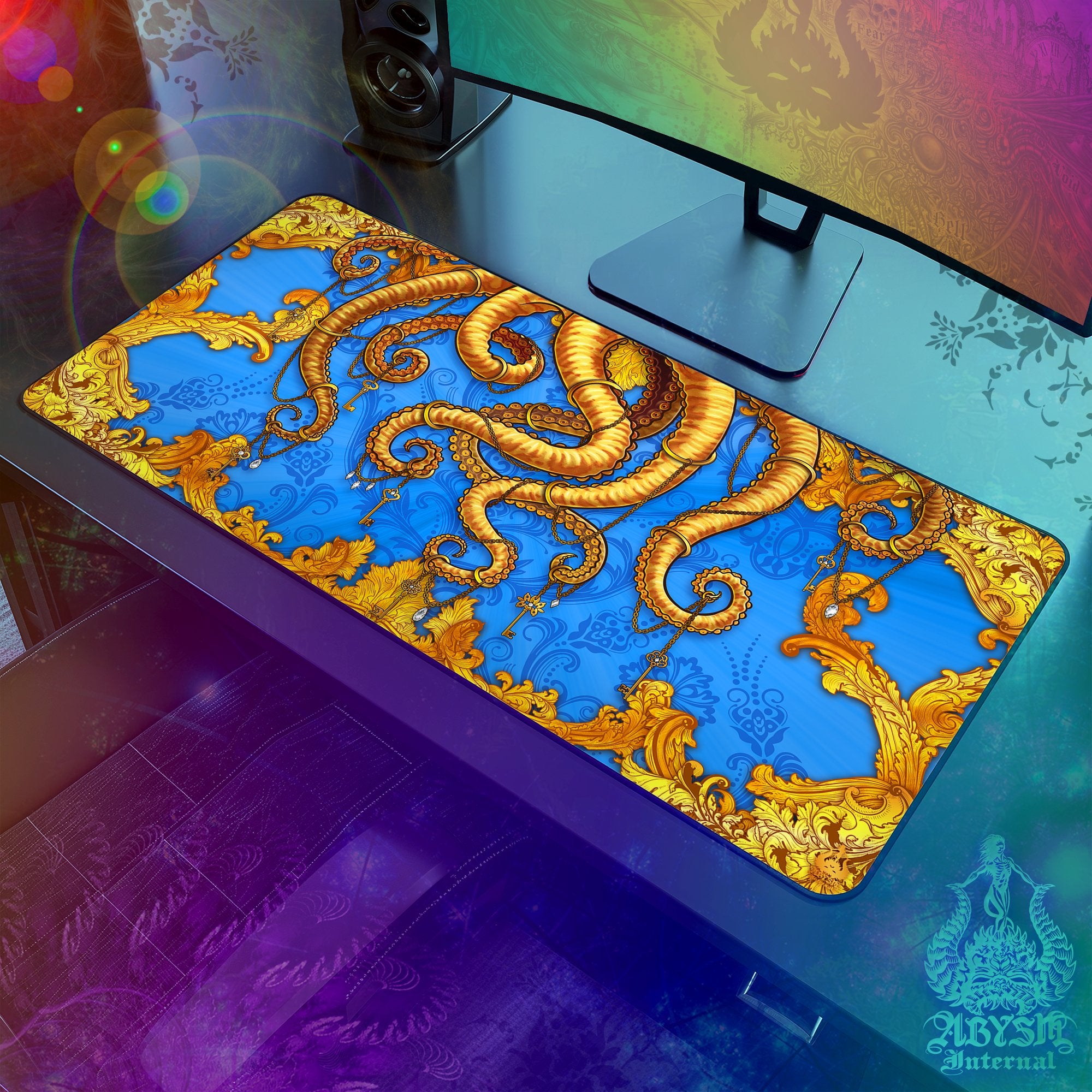 Octopus Workpad, Tentacles Desk Mat, Colorful Gaming Mouse Pad, Cyan Gold Table Protector Cover, Fantasy Art Print - Abysm Internal